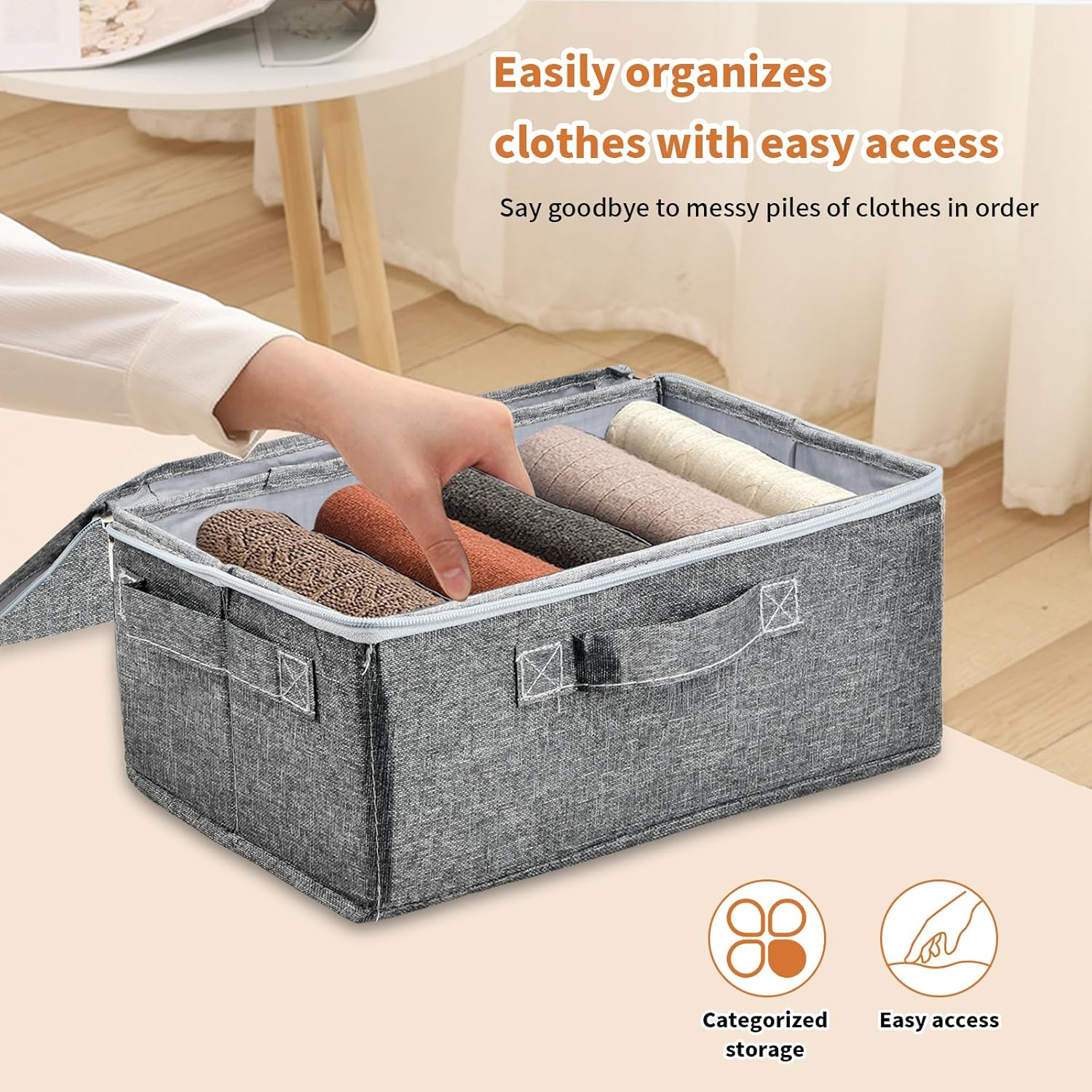 Hnonoxy 2Pcs Fabric Organiser Box, Grey, Storage Box with Lid, Organiser Box with Large Capacity for Clothes, Toys, Bedroom Organisation (38 X 25.5 X 16 Cm) image number 1