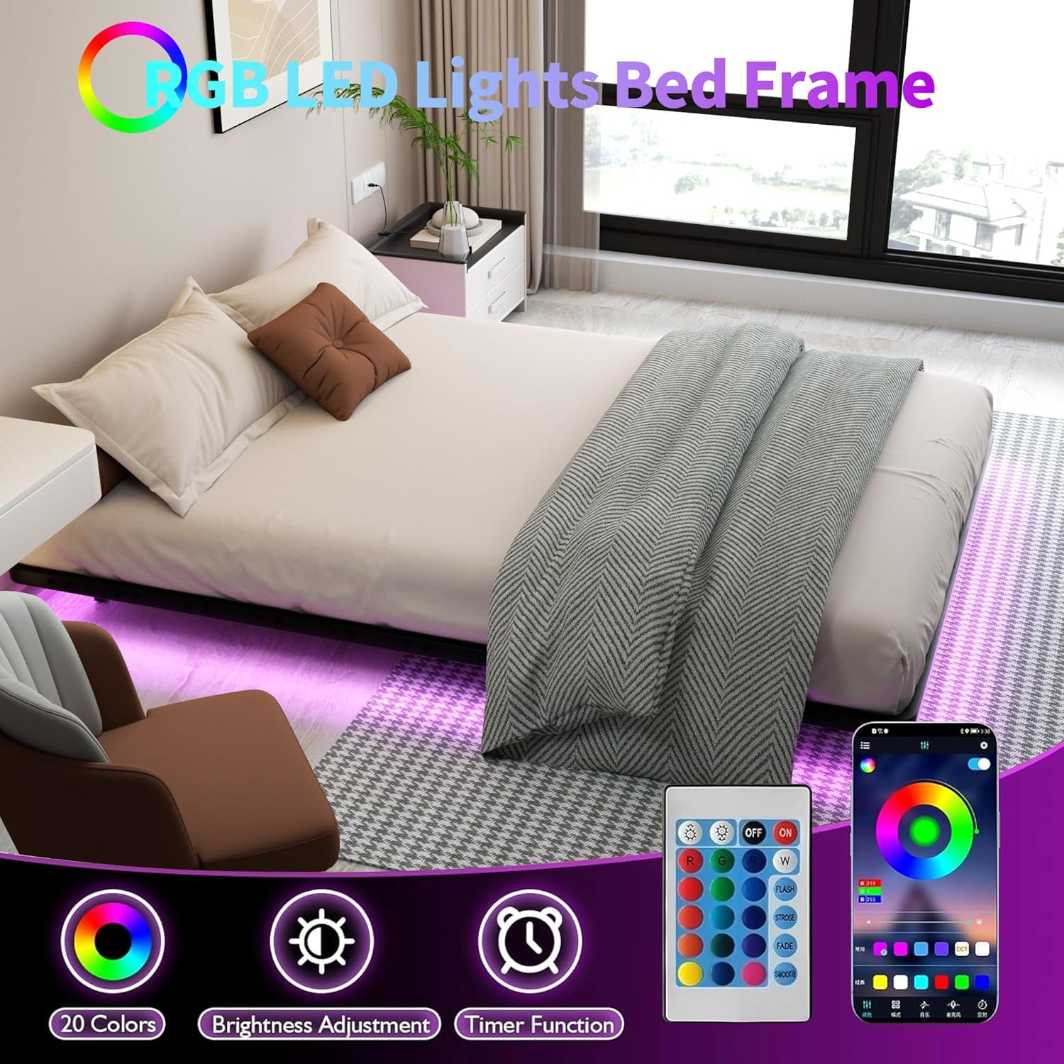 Floating Bed Frame Queen Size with Smart LED Lights Metal Platform Bed Easy Assembly No Box Spring Needed (Queen) image number 1