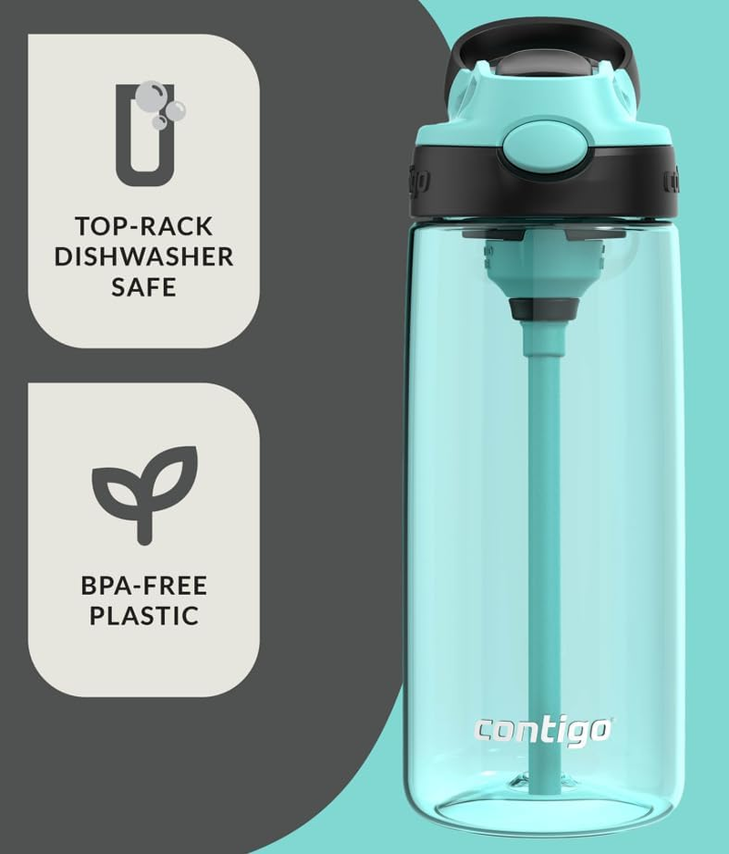 Contigo Aubrey Kids Cleanable Water Bottle with Silicone Straw and Spill-Proof Lid, Dishwasher Safe, 20Oz 2-Pack, Jade/Licorice & Juniper/Jade image number 2
