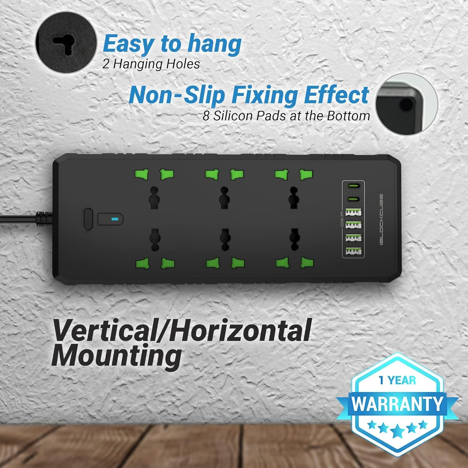 Iblockcube Extension Lead with 3 USB Slots | 2 Meter Cable Cord Power Strip, 3 Way Universal Socket | Smart Charging Station Hub, Individually Switched, Surge Protected, and Wall Mount UK Plug (Black) image number 4