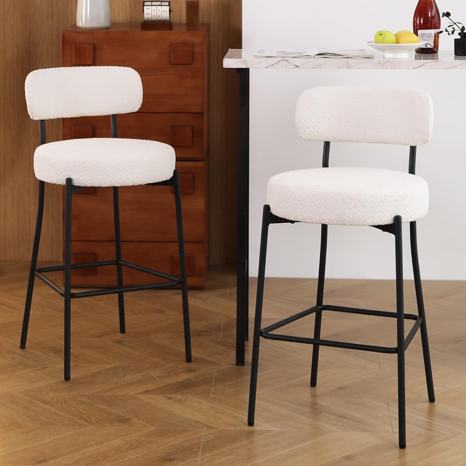 Bar Stools Set of 2, 70Cm Counter Height Bar Stools with Back, Upholstered Boucle Fabric, Modern Kitchen Island Stools for Counter, Breakfast Nook, Home & Cafe, White image number 4