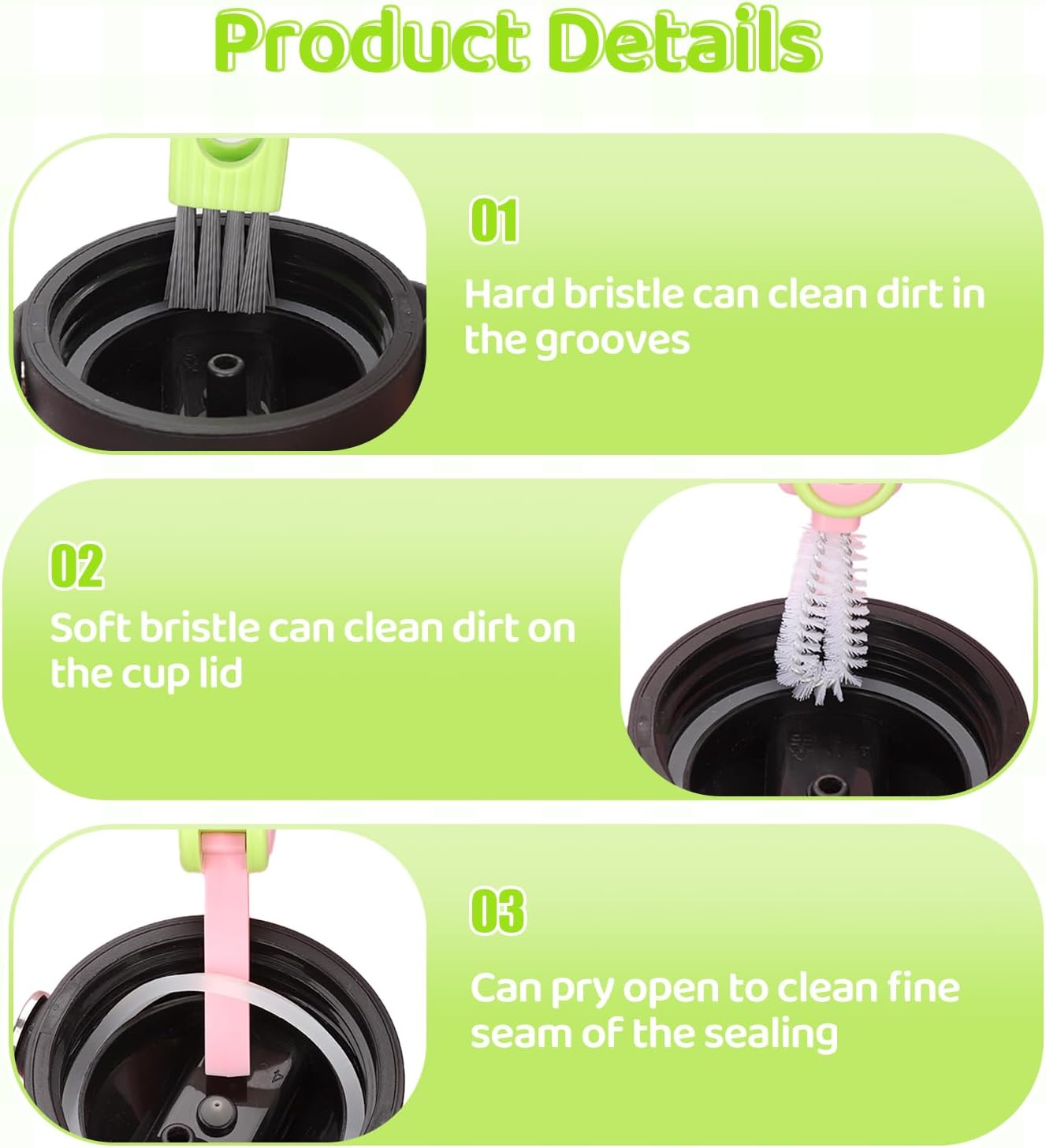 3Pcs 3-In-1 Cup Lid Cleaning Brush, 3-In-1 Multifunctional Cleaning Brush New Bottle Crevice Cleaning Brush Portable Cup Lid Gap Cleaning Brush for Home Kitchen (Green) - Green image number 2