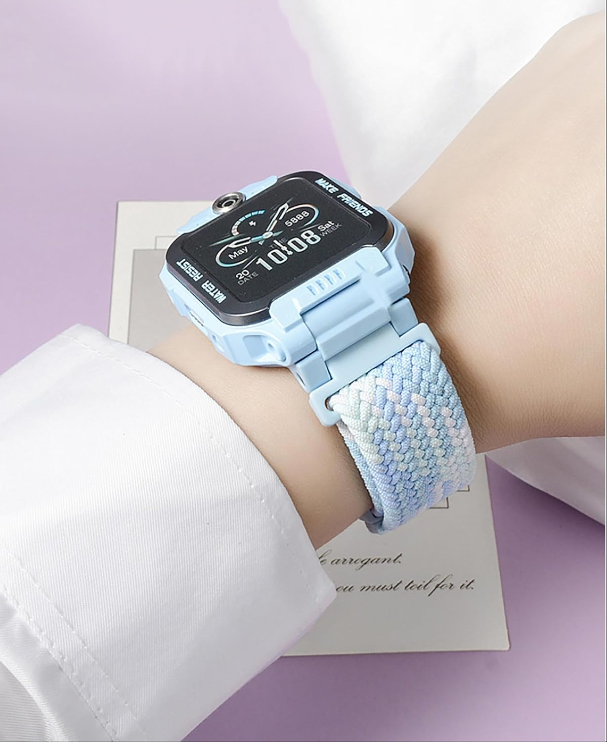 GIOPUEY Strap Compatible with Imoo Watch Phone Z7/Z6, Braided Nylon Strap [Unisex] Elastic Replacement Strap - Rainbow Colours - Black image number 3