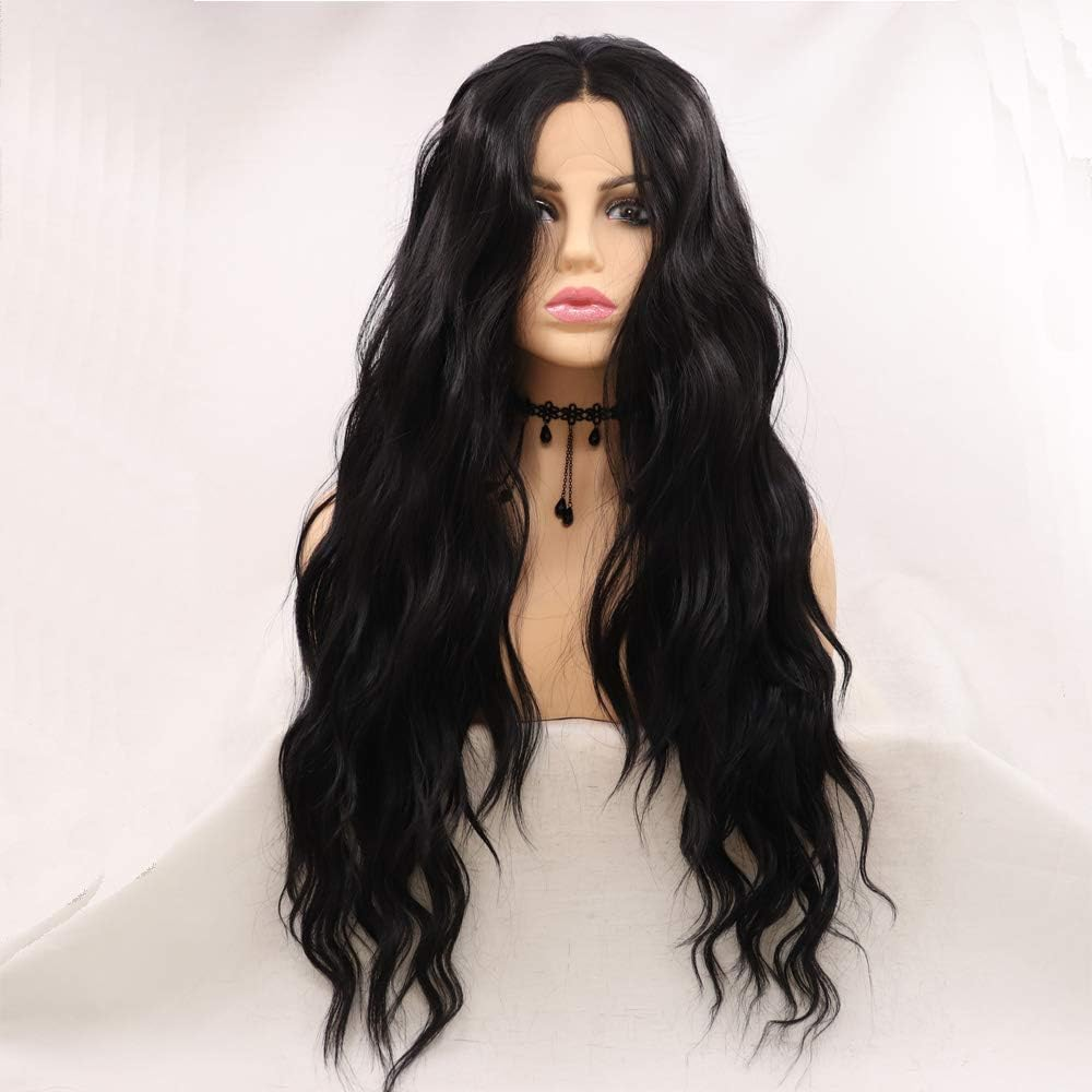 Xiweiya Long Black Wavy Wig Curly Synthetic Lace Front Wigs Middle Part Wig Long Soft Wavy Wig Hair Replacement Wig for Women, Drag Queen Makeup 24 Inch image number 2