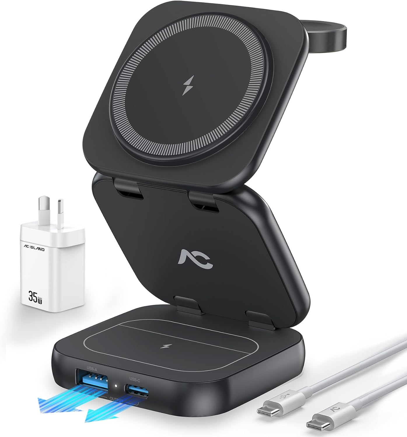 5 in 1 Wireless Charger for Magsafe, AC ISLAND Foldable Charging Station for Apple, Magnetic Multi Charging Stand Dock for Iphone 17/16/15/14/13/12 Series, Apple Watch Airpods (With 35W Gan Adapter)