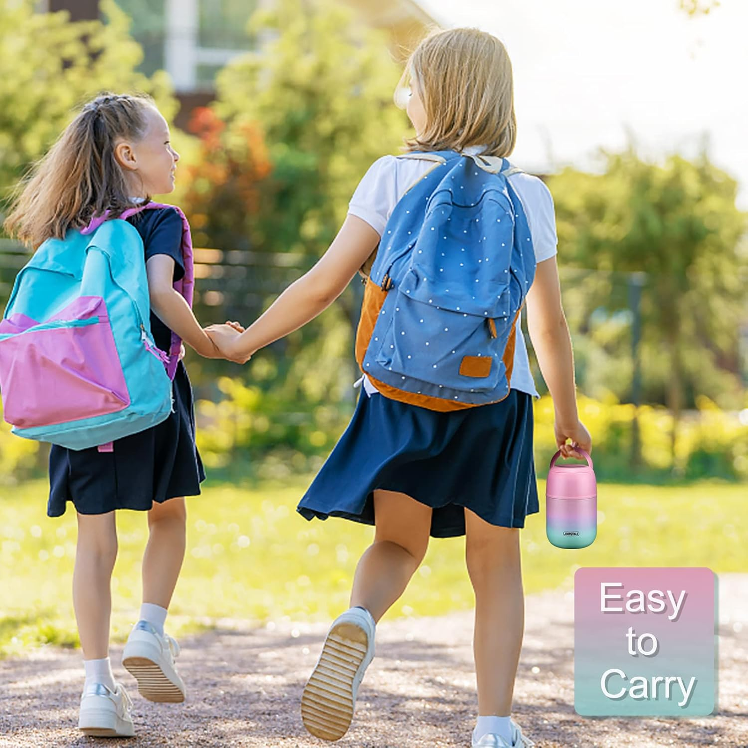 17 Oz Insulated Lunch Containers Hot Food Jar, Wide Mouth Lunch Thermos for Hot Food Kids Adults, Vacuum Stainless Steel Thermos Lunch Box with Handle Folding Spoon for School, Office (Blue-Pink) - Blue image number 4