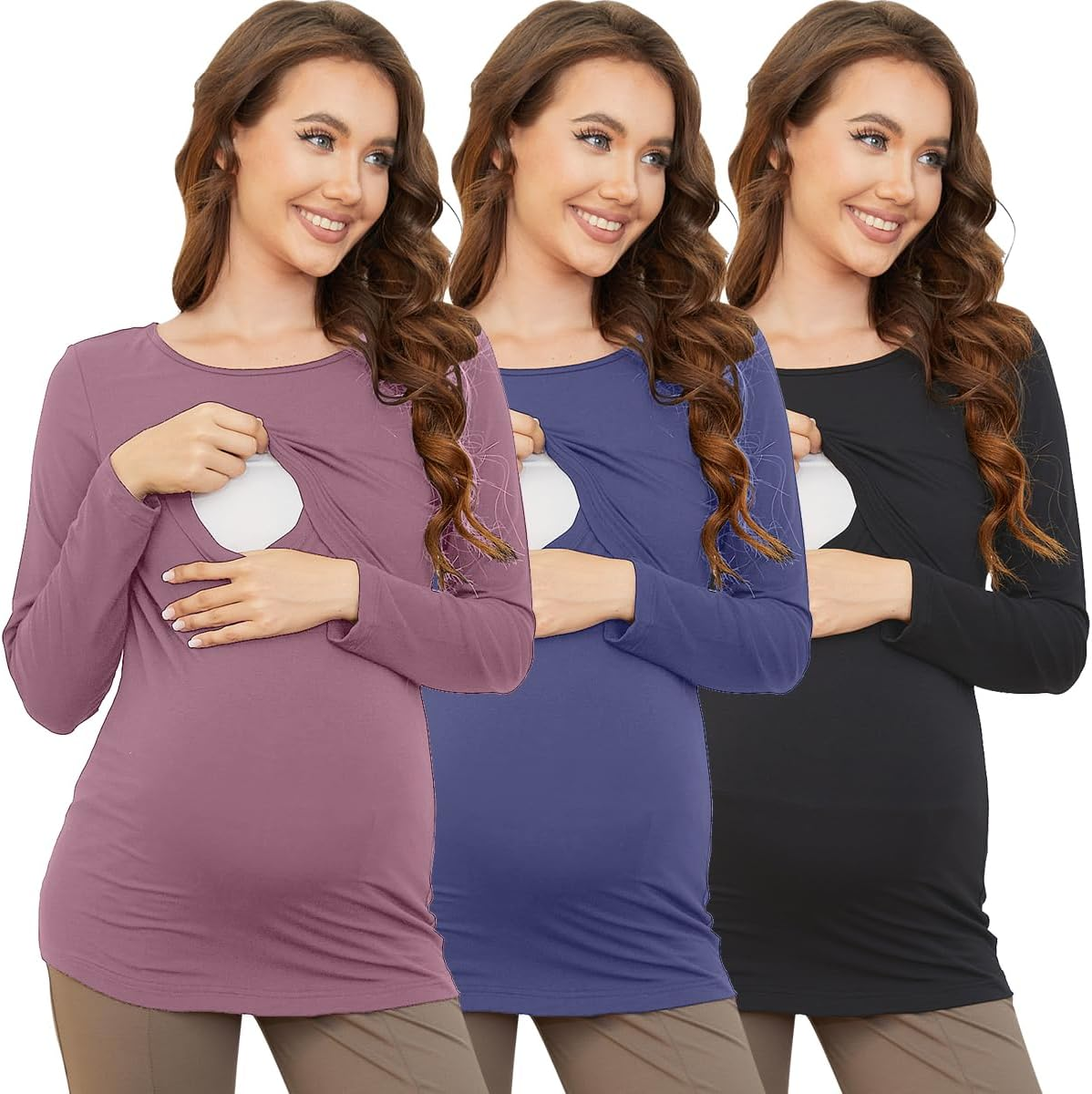 PARNIXS Women'S Breastfeeding Long Sleeved Top Mom Summer Outfit, Covering the Belly and Slimming, Versatile Top（3-Piece Set） image number 1