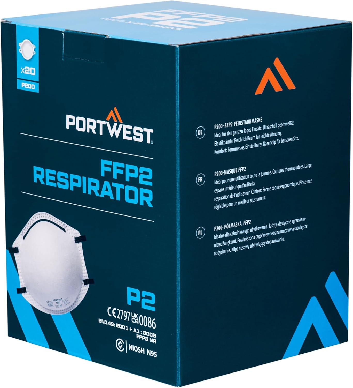 Portwest P200 Disposable FFP2 Dust Mist Respirator Face Mask (Pack of 20) White image number 2