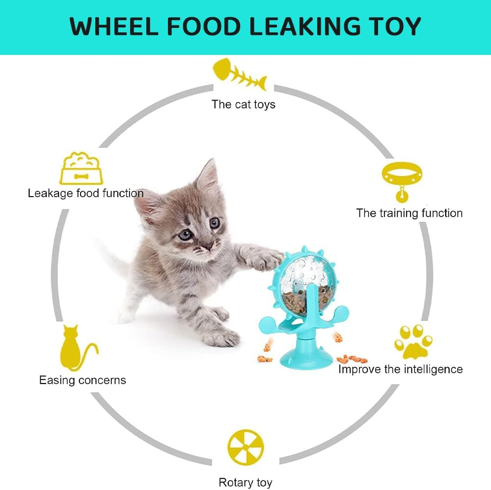 2 Pcs Interactive Cat & Dog Treat Dispenser Toys, Slow Feeder Leaky Food Toys with Suction Cup, 360&deg; Rotating Windmill for Small Dogs & Indoor Cats (Blue & Yellow)