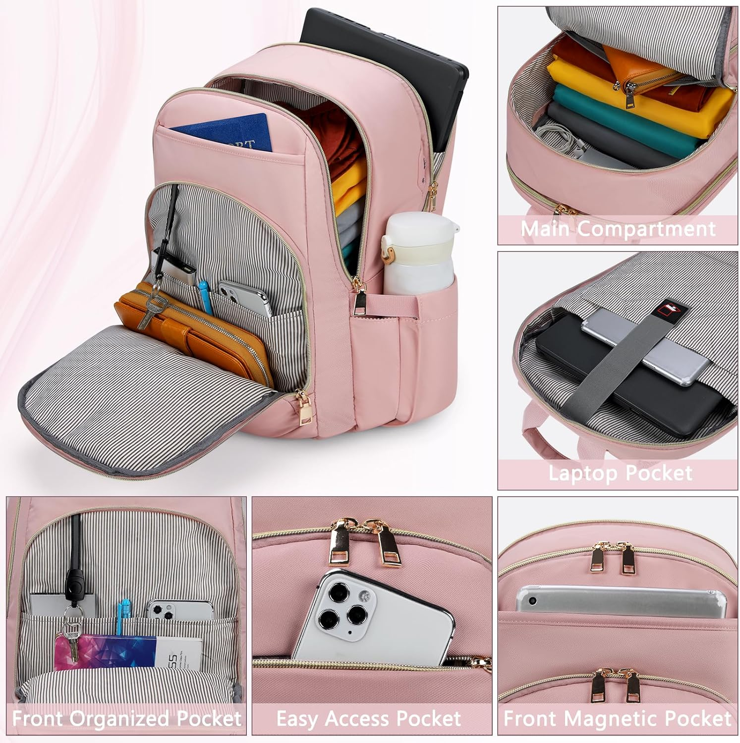 Laptop Backpack for Women 15.6 Inch Travel Backpack with USB Port, Lightweight School Backpack Waterproof Computer Bag for School Work Travel - Black image number 7