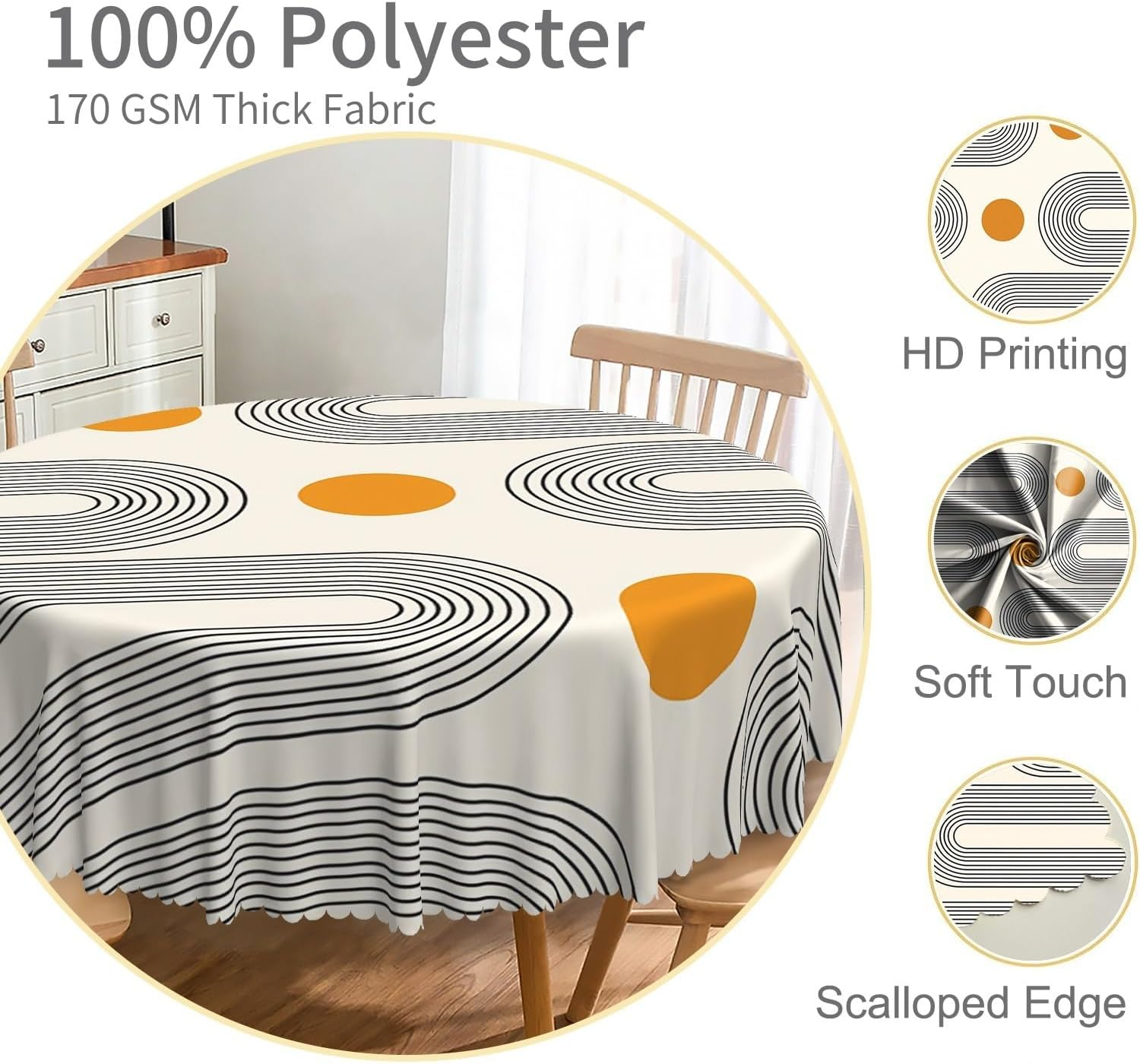 Boho Mid Century round Tablecloth 48 Inch Minimalist Abstract Arch Simple Sun Modern Art Table Cloth Washable and Reusable Fabric Table Cover for Kitchen Dining Room Indoor Outdoor Party Decor image number 1