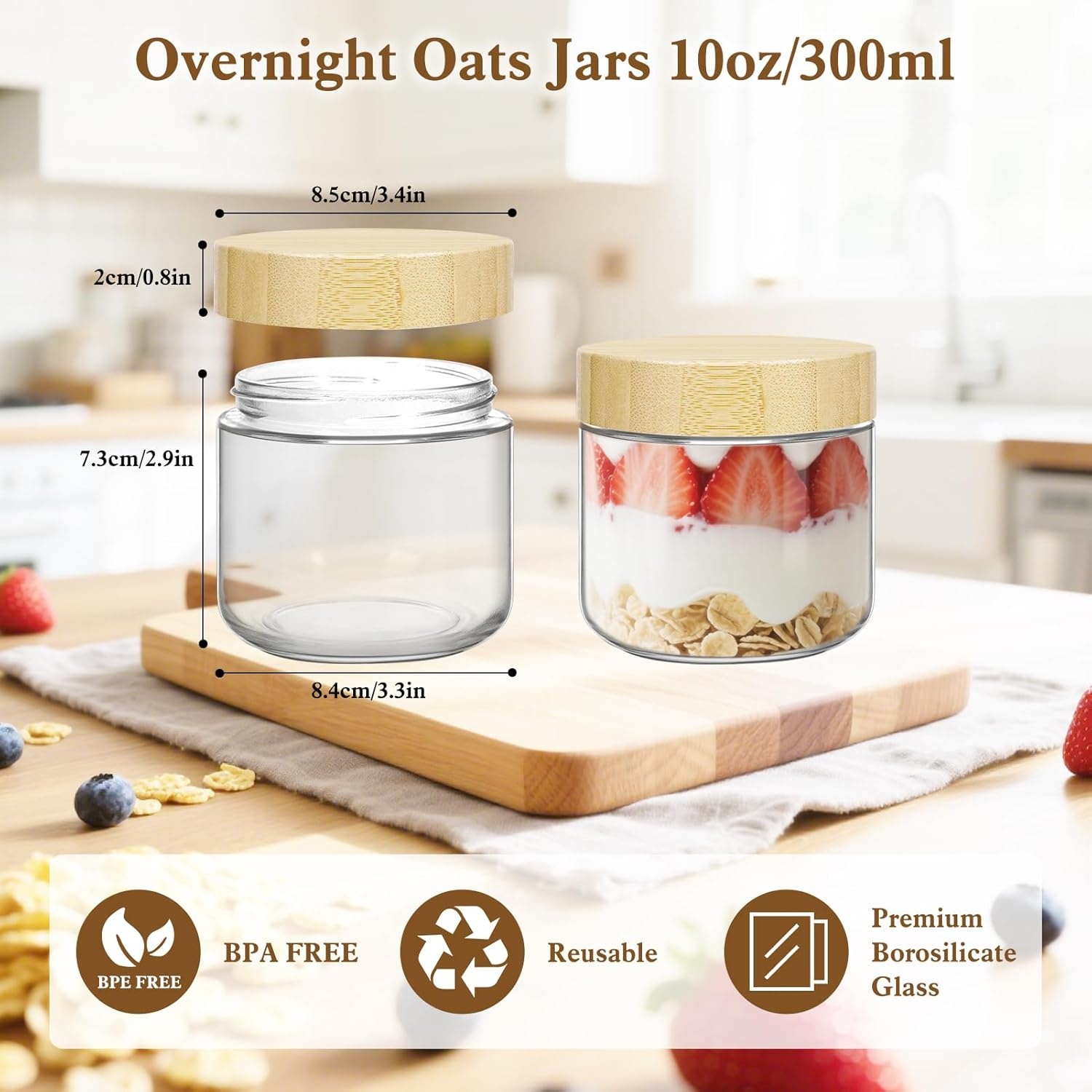 UHAPEER 6 Pack 10Oz Glass Containers with Bamboo Lids: Stackable & Leak-Proof Glass Overnight Oats Jars for Hot/Cold Foods, Travel Meals Prep & Plan, Pantry Storage (Dishwasher & Microwave Safe) image number 6
