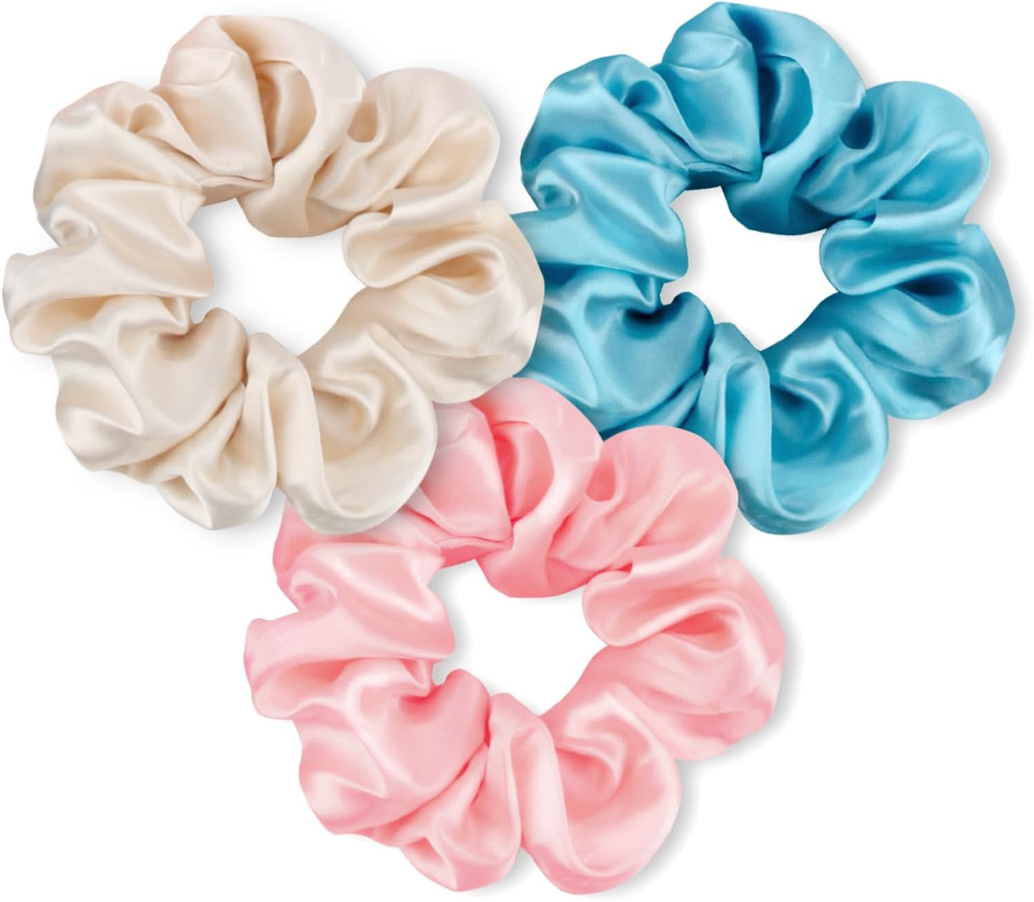 Glasflength Hair Bobbles Silk Scrunchies, Pack of 3 Silk Hair Rings Soft Elastic Silk Hair Bobbles Hair Gentle Silk Scrunchies for Women and Girls Hair Accessories (Pink + Sky Blue + Champagne)