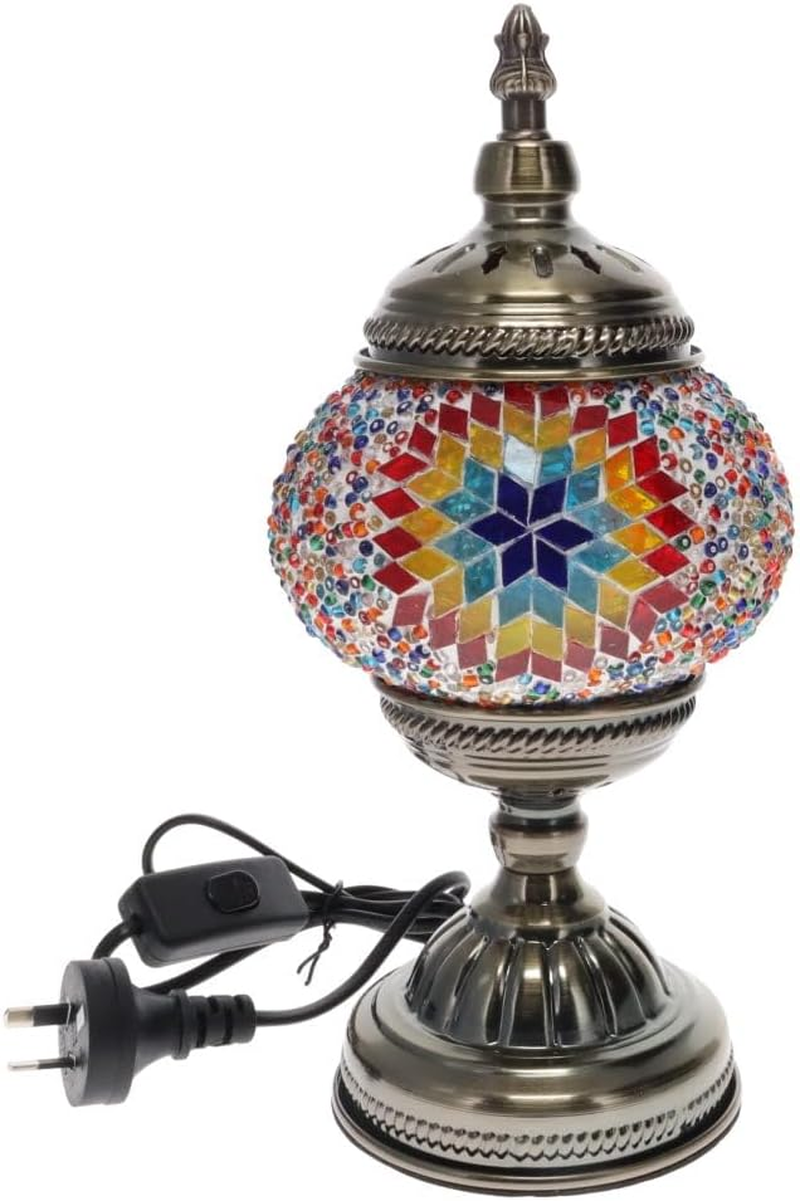 Turkish Mosaic Table Lamp, Handcrafted Coloured Glass, Decorative Bedside Light with Metal Base