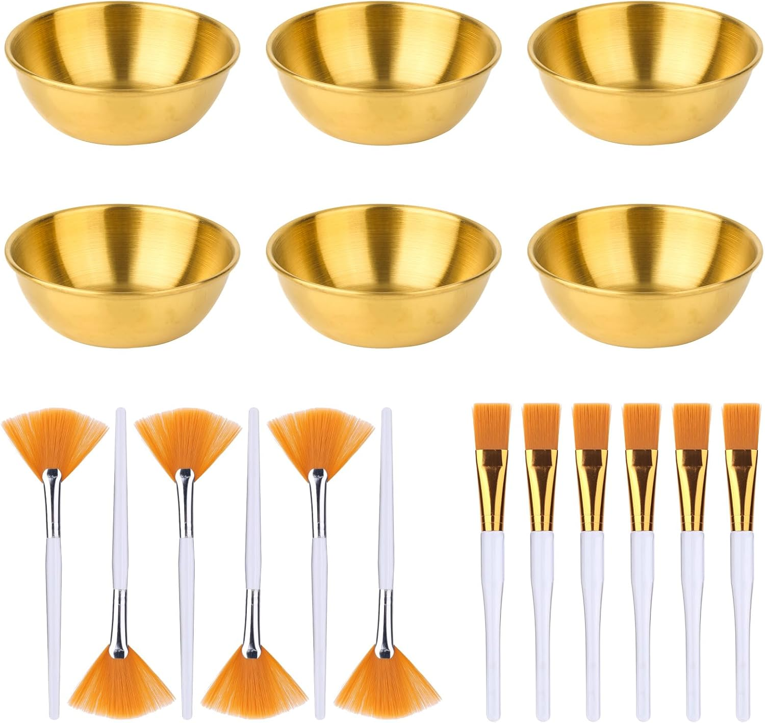 18Pcs Esthetician Facial Supplies Set, Including 6 Gold Stainless Steel Bowls, 6 Fan Brushes & 6 Flat Brushes Professional Facial Mask Mixing Bowl Set for Women Beauty Spa Home Use (Gold) image number 3