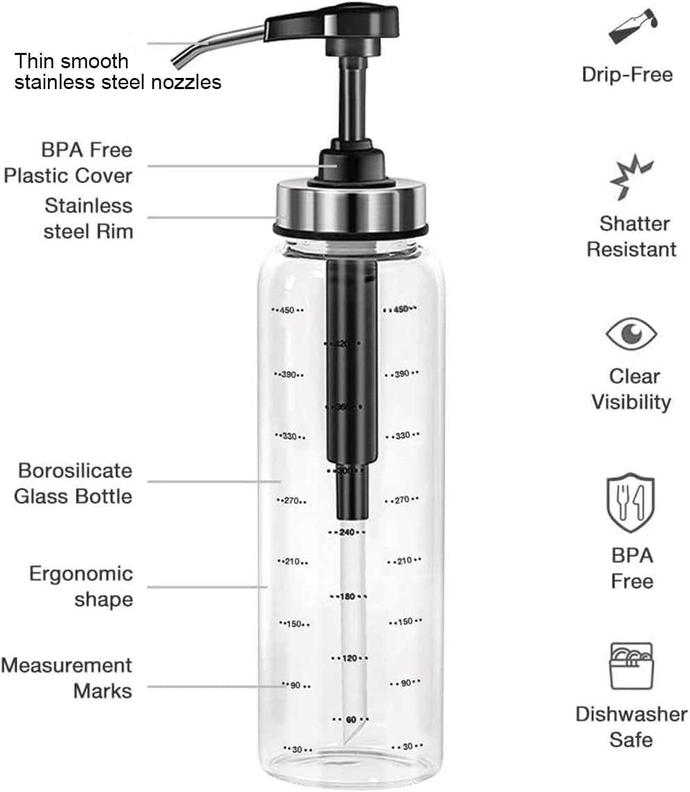 WADY Syrup Dispenser, 2PCS Syrup Dispenser with Pump, Condiment Press Bottles- No Drip, Glass Pump Dispenser 17 OZ, Dispenser Great for Ketchup, Salad, BBQ Sauce,Honey, Oyster Sauce, Oil (Black) image number 4