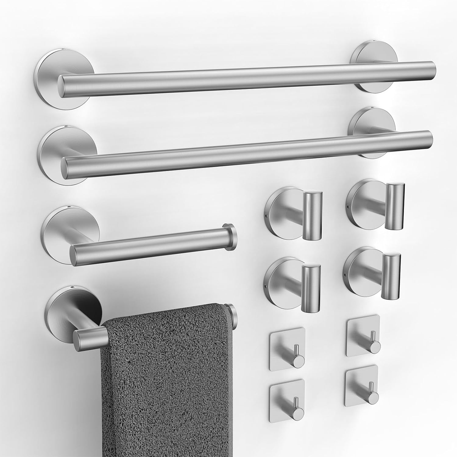 Bluefire 12-Piece Bathroom Hardware Set, Wall Mounted Bathroom Accessories Set Towel Bars for Bathroom Towel Holder Set with 2 Paper Tower Holders 2 Towel Bars 4 Adhesive Hooks 4 Towel Hooks(Sliver) image number 5