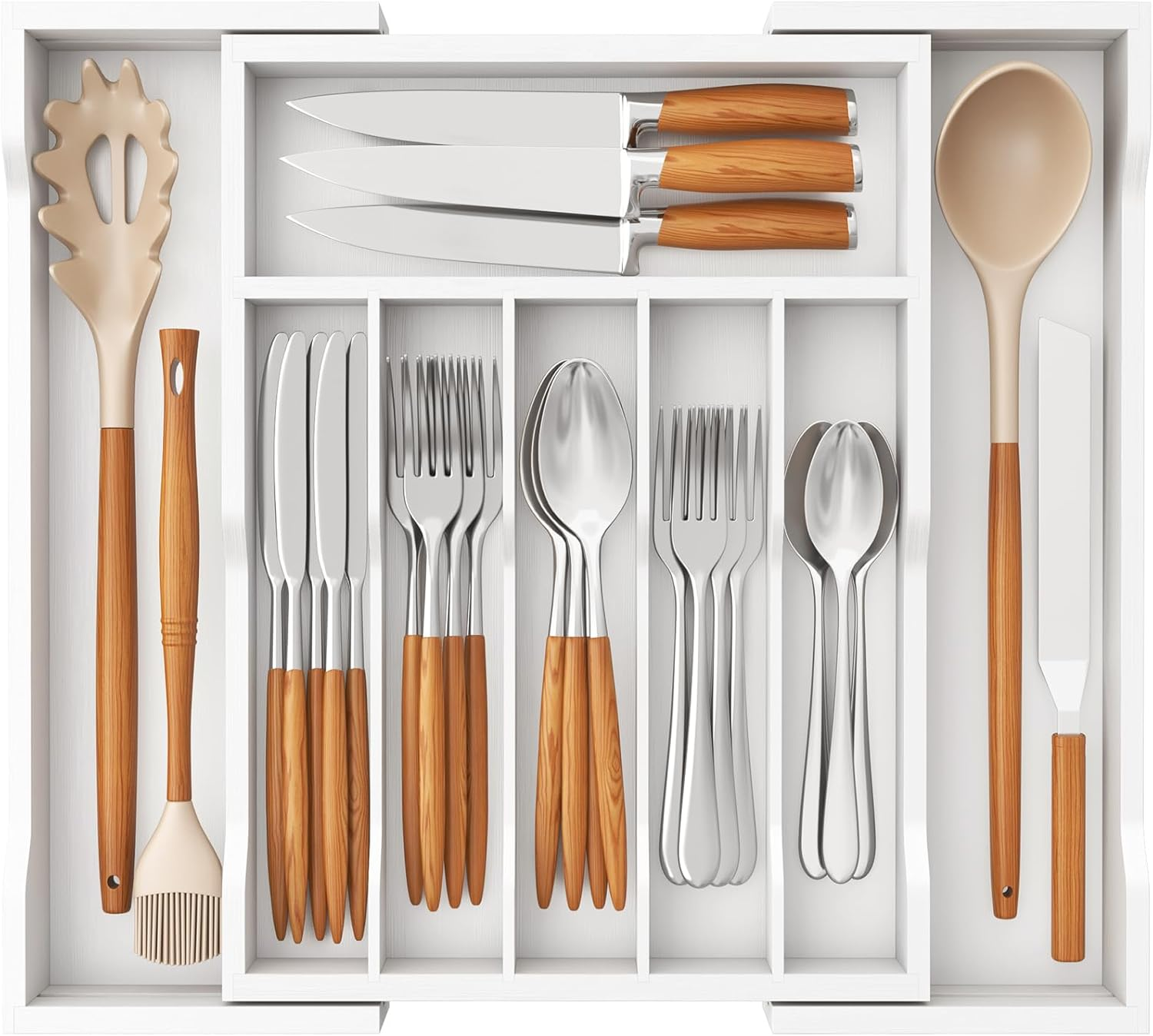 Lifewit Silverware Drawer Organizer, Expandable Utensil Tray for Kitchen, Bamboo Flatware and Cutlery Holder, Wood Adjustable Storage for Spoons Forks Knives, Large, White