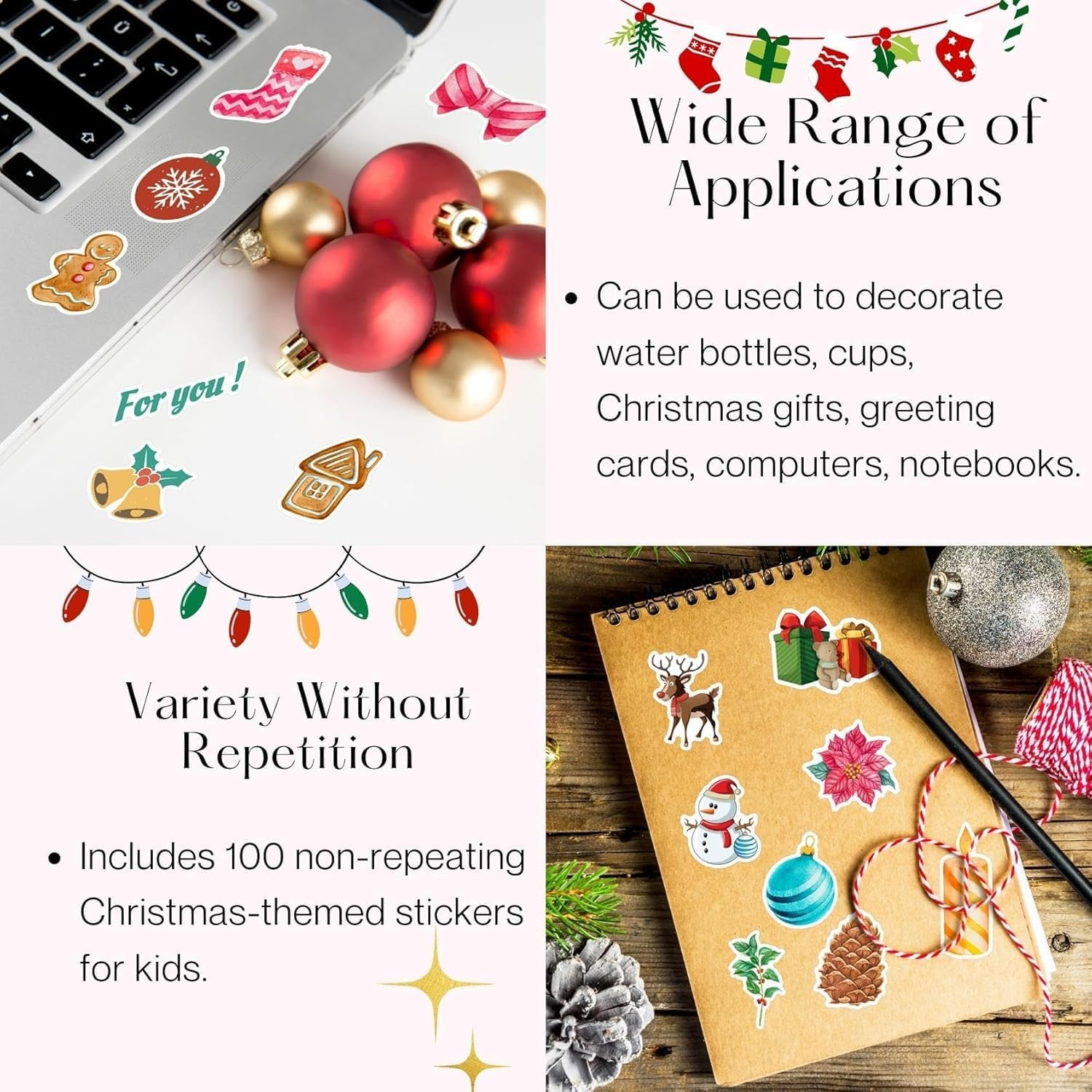 100PCS Christmas Stickers, Fun & Cute Vinyl Waterproof Stickers, Merry Christmas Stickers for Water Bottles, Windows, Snowboard, Envelopes, Gifts, Tags, Kids, Teens, Adults image number 1