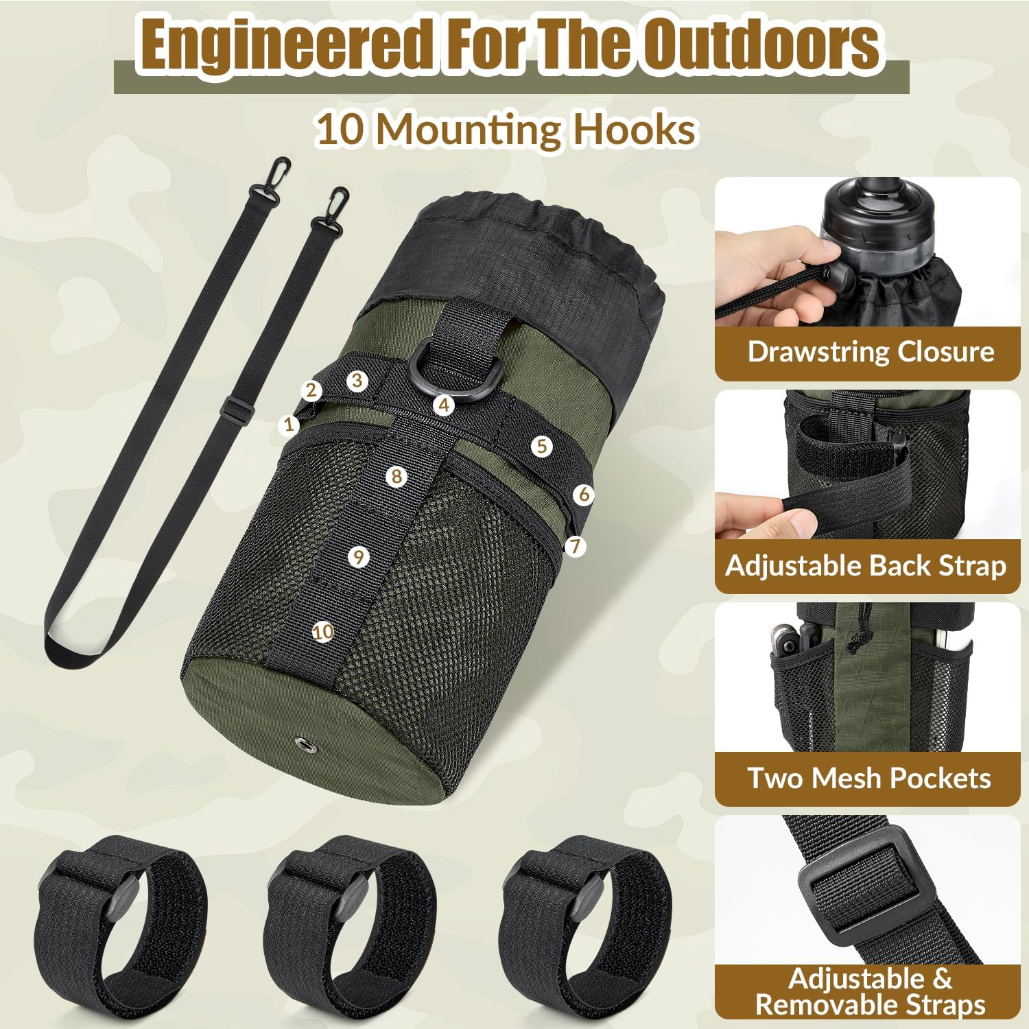 WOTOW Bike Handlebar Bottle Bag - Bicycle Insulated Stem Drink Cup Holder Water Bottle Bag Waterproof Pouch with Adjustable Shoulder Straps Mesh Pockets for All Bikes Daily Use Touring Commuting