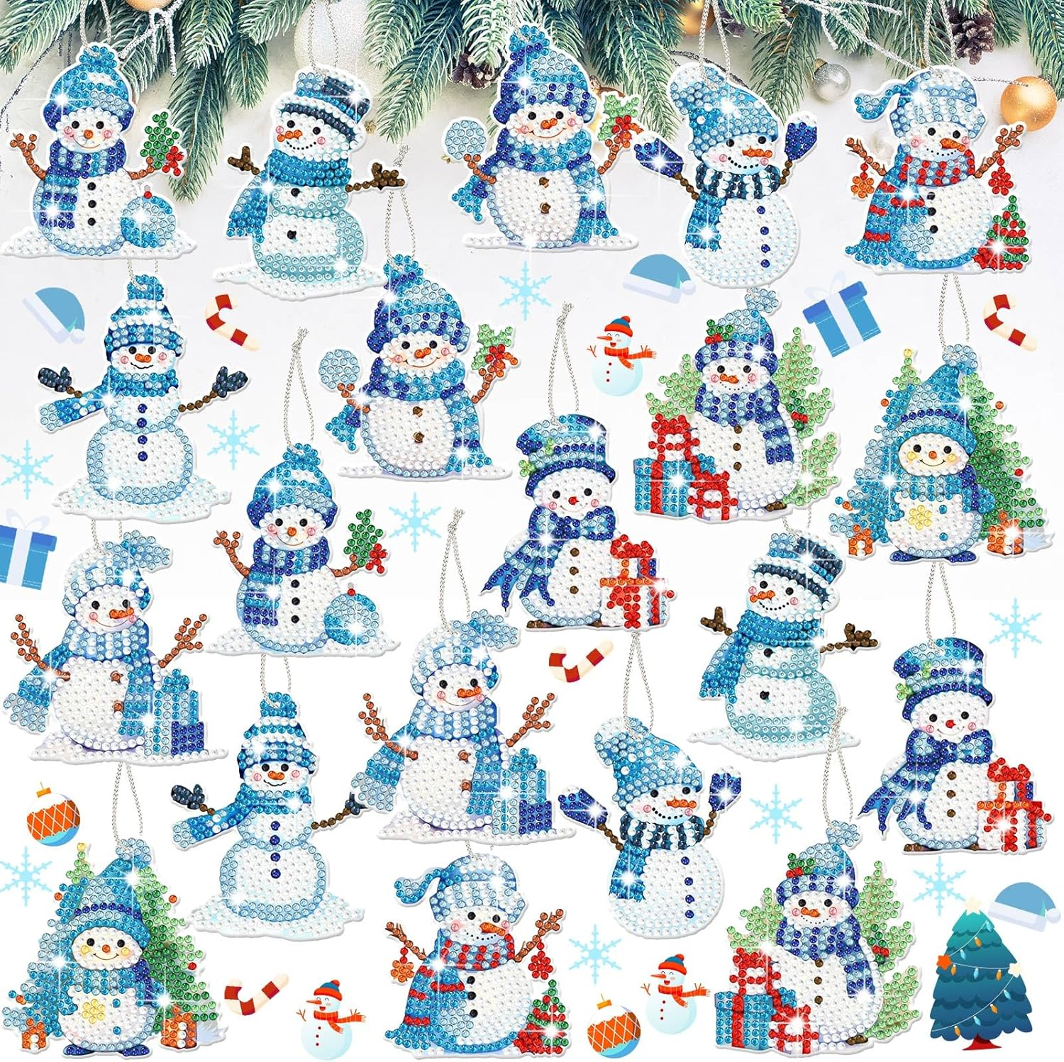 Skylety 20 Pcs Winter Diamond Art Ornaments Snowman Diamond Painting Kit for Adult 5D DIY Gift Wrap Tags with Rope Winter Hanging Ornaments for Home Party Craft Decor(Blue)