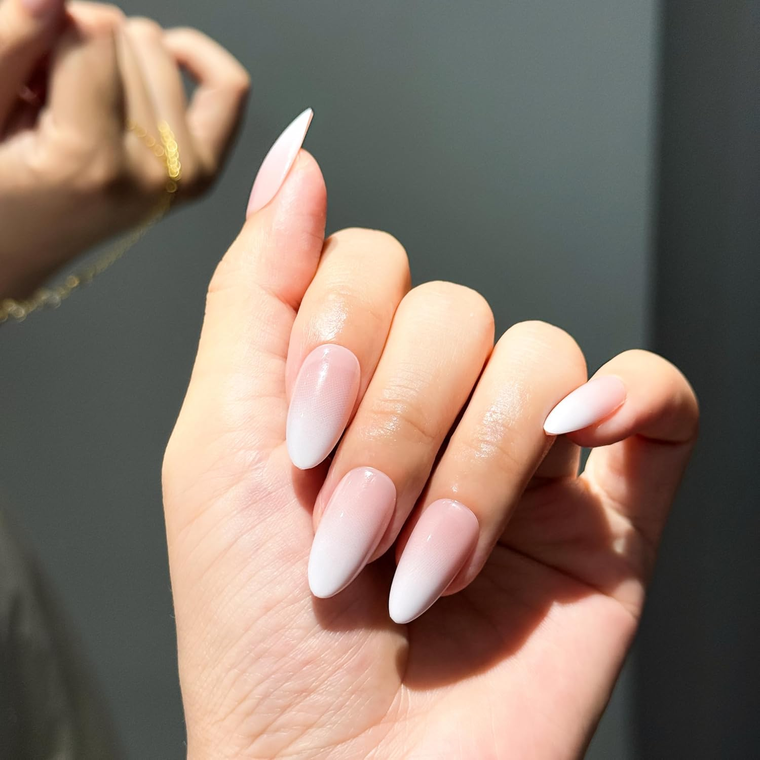 Bianco Sue Press-On Nails | Soft Pink Ombre Almond False Nails, Reusable Stick-On Fake Nails with Adhesive Tabs and Glue | Salon-Grade Quality | 15 Sizes - 30 Nail Kit