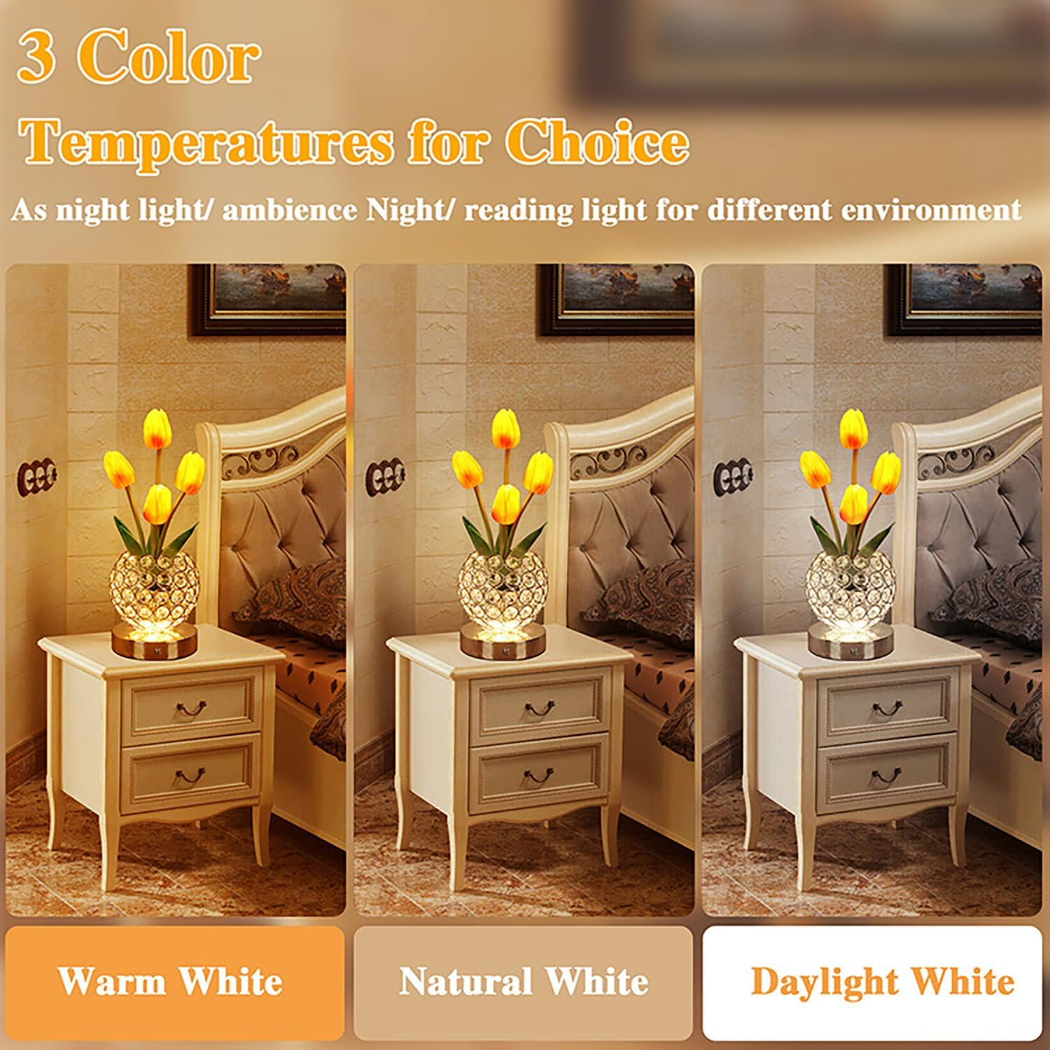 Crystal Tulip Table Lamp, 3 Colors Dimmable Artificial Flowers Light, USB Rechargeable Cordless Lamps, Bedroom Living Room Decoration, Valentine Day, Mothers Day, Christmas Day Gift (Orange Tulip) image number 3