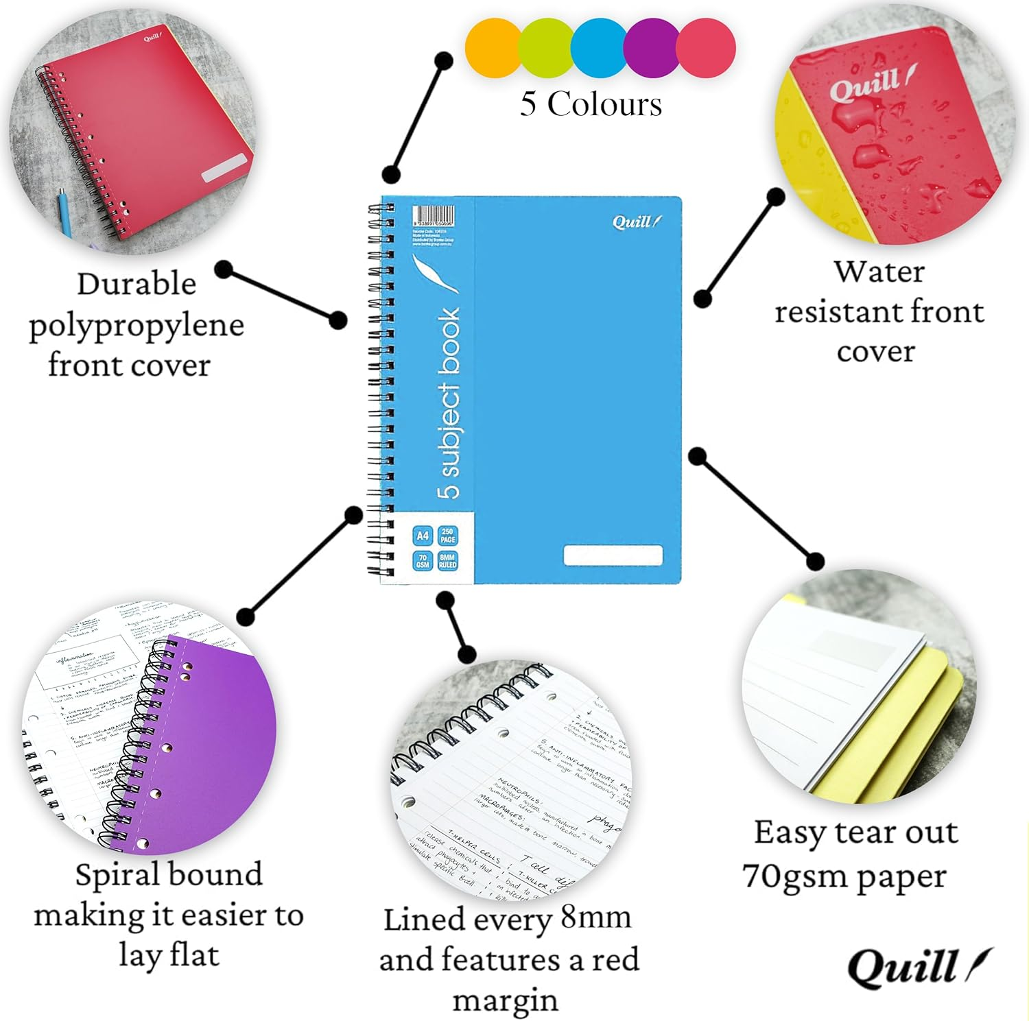 Quill, 5 Subject Notebook A4, 250 Pages, 8Mm Ruled, 70Gsm, 7 Punched Holes, with Red Margin and Perforated Pages, Water Resistent Cover, Random Colour image number 4