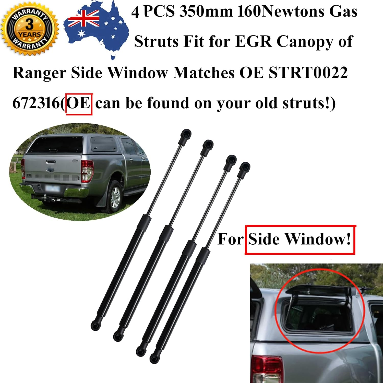 AONNOUS 4PCS Gas Struts for EGR Canopy Side Window;Matches OE STRT0022 672316;350Mm 160Newtons;Support UTE Pick up Inc Ranger
