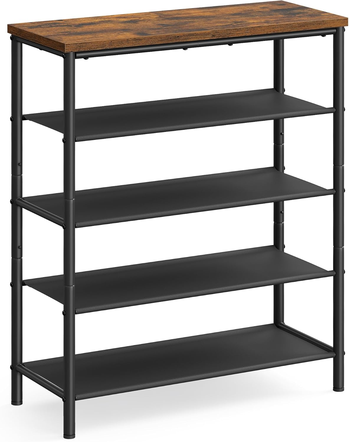 VASAGLE Shoe Rack, 5 Tier Shoe Storage Rack for 12-16 Pairs of Shoes, Shoe Organizer for Entryway, with 4 Fabric Shelves and Wooden Top, Steel Frame, Industrial, Rustic Brown and Black ULBS036B01