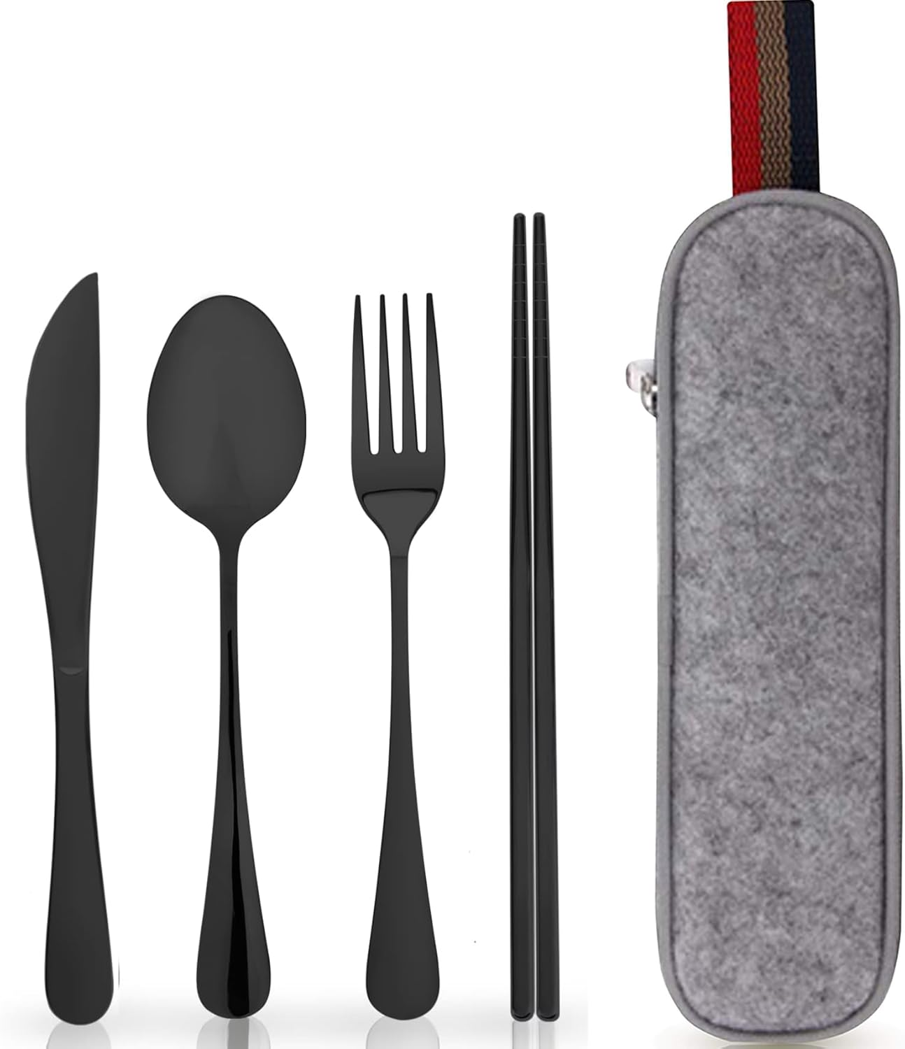 Travel Cutlery Set Portable Cutlery Set Camping Utensils Set Including Knife Fork Spoons Straws Chopsticks Cleaning Brush Reusable Stainless Steel Flatware Set (Sliver)