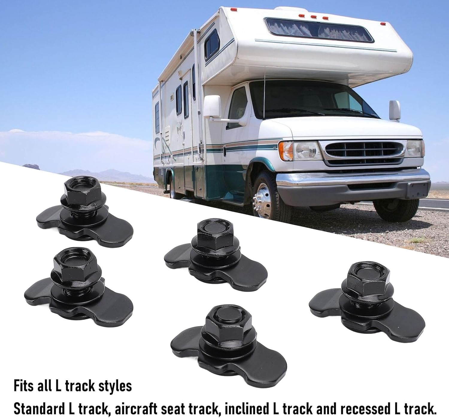 5 Pcs L Track Threaded Bolt Double Stud Fitting, M10X20Mm L Track Double Lug Threaded Stud Nut Fitting Tie Down, for Truck Bed Trailer Cargo Control Pickup RV ATV (Black) - Black image number 5