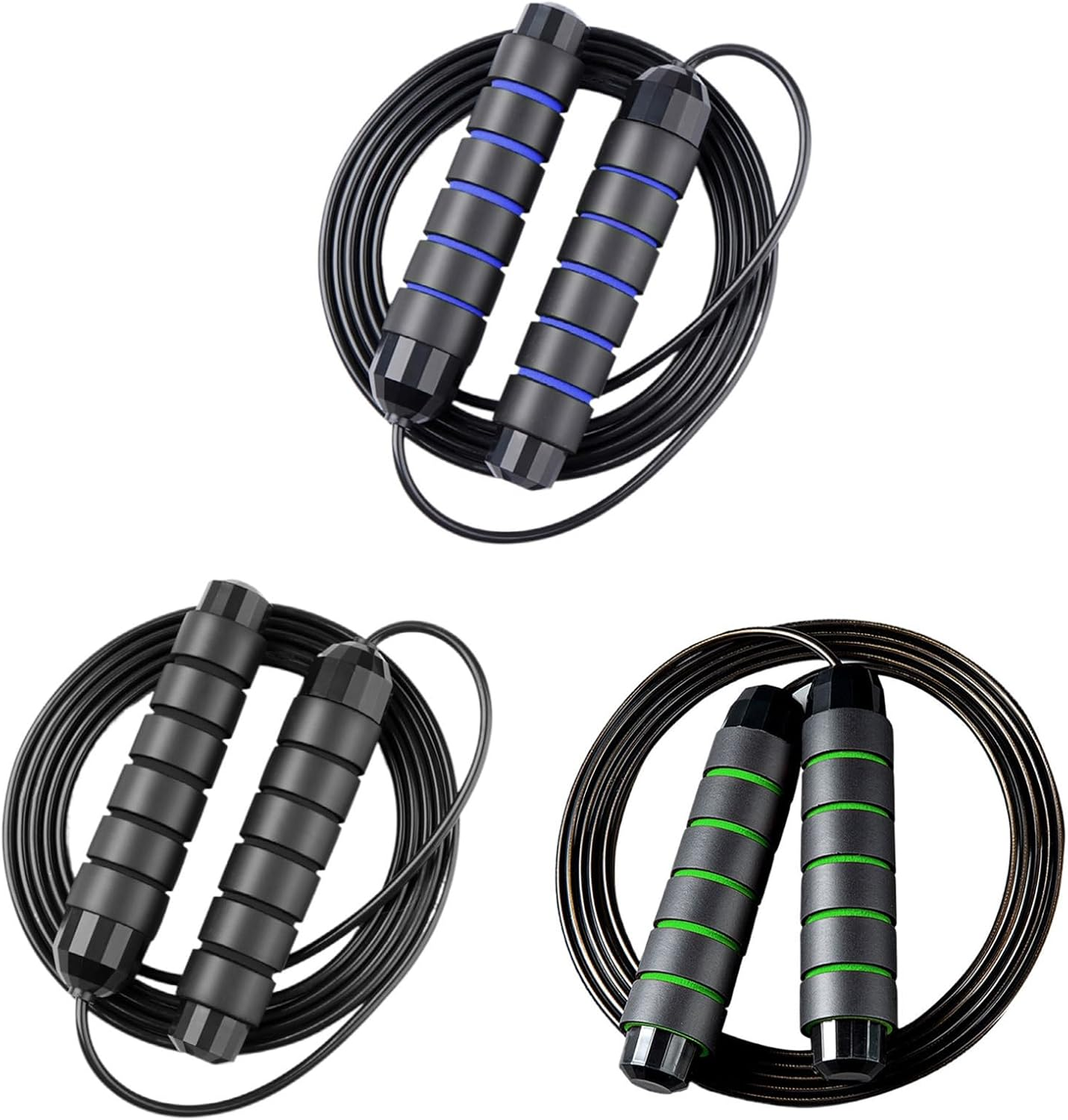 3Pack Skipping Rope with Ball Bearings Tangle-Free Rapid Speed Steel Wire,Light Weight Length Adjustable, Memory Foam Anti-Skid Handles Fitness for Women,Men and Children Fitness(3 Colors)