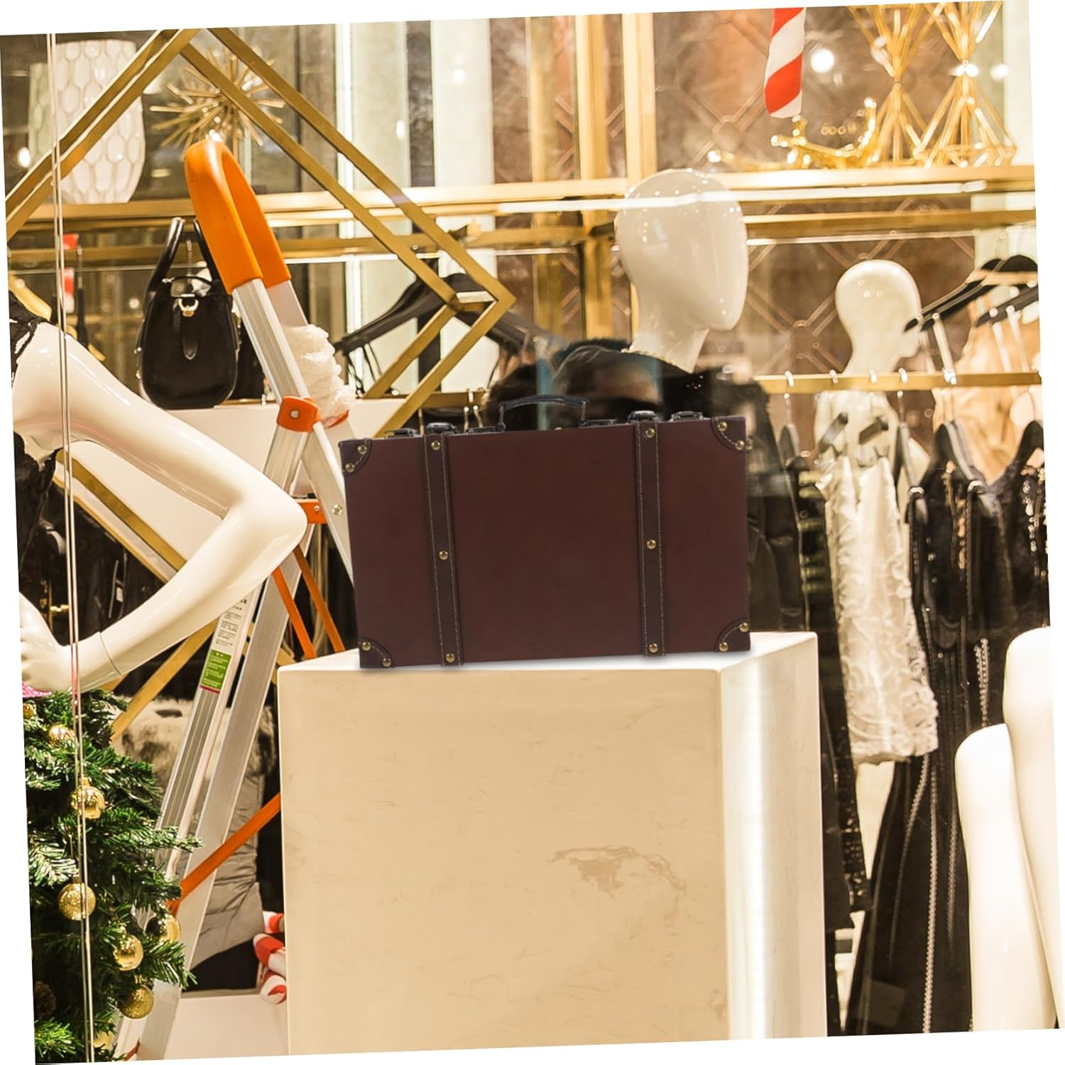 SOLUSTRE Vintage Leather Decorative Trunk Small Retro Suitcase Classic Storage Box for Photo Props and Home D&eacute;cor, Brown Vintage Luggage Decoration for Clothing Store Display image number 1