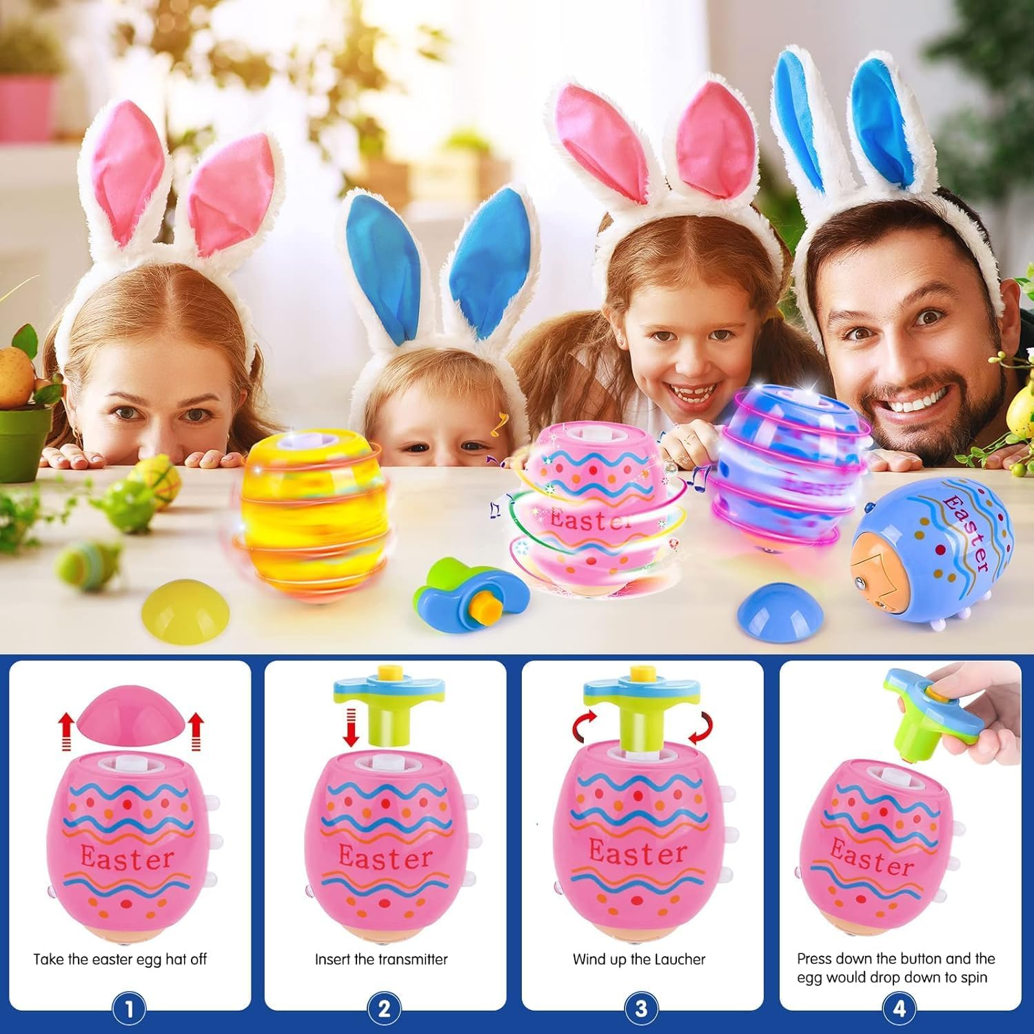Easter Toys Eggs for Kids - 4 Pack Lighting & Spining & Singing Plastic Colorful Easter Toys Egss, Easter Basket Stuffers Party Favors Easter Toys Gifts for Kids 3+ Boys Girls image number 3