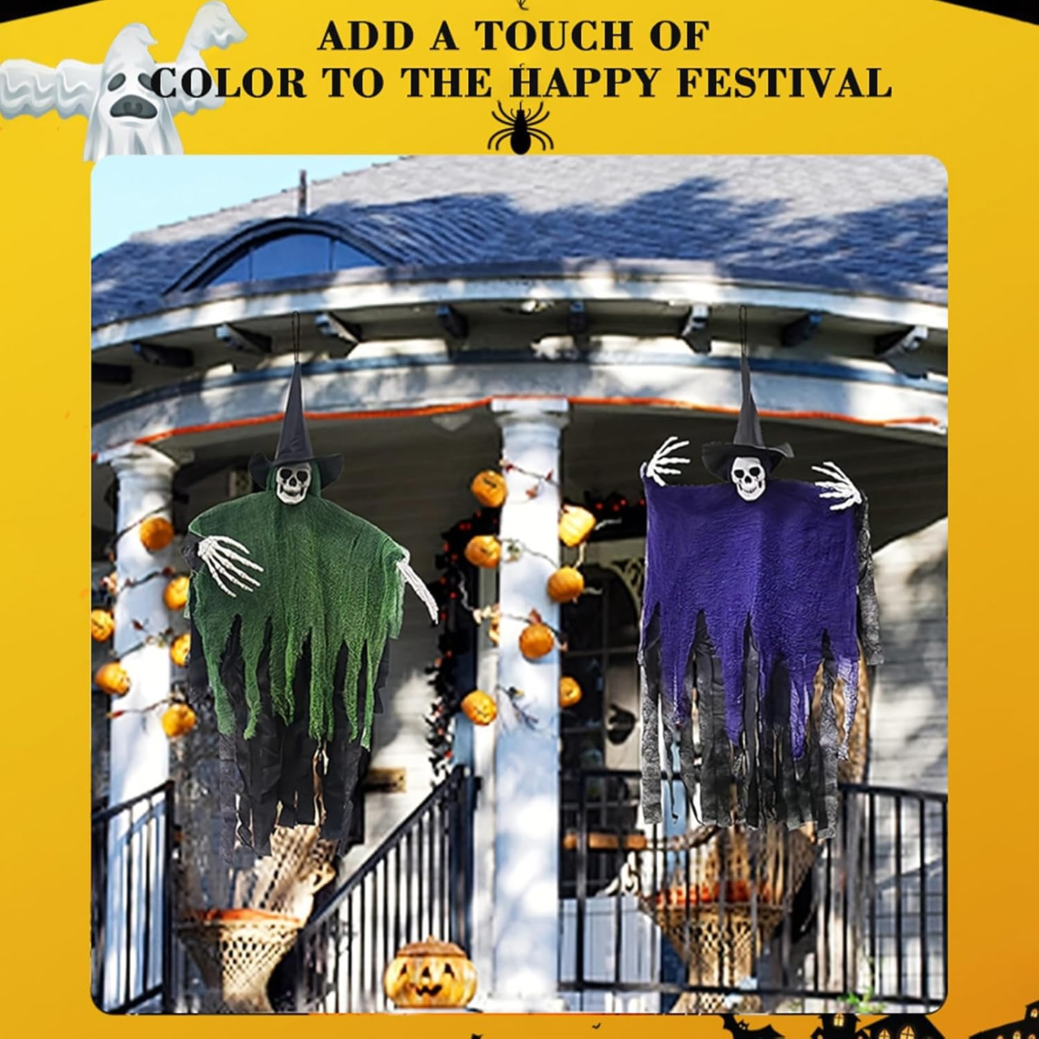 Halloween Decorations Outdoor, 2 Pack Halloween Hanging Witch, 41Inch Hanging Skeleton Ghost,Scary Flying Ghost with Wizard Hat for Haunted House Decor, Patio Porch Skull Prop (Purple+Green)