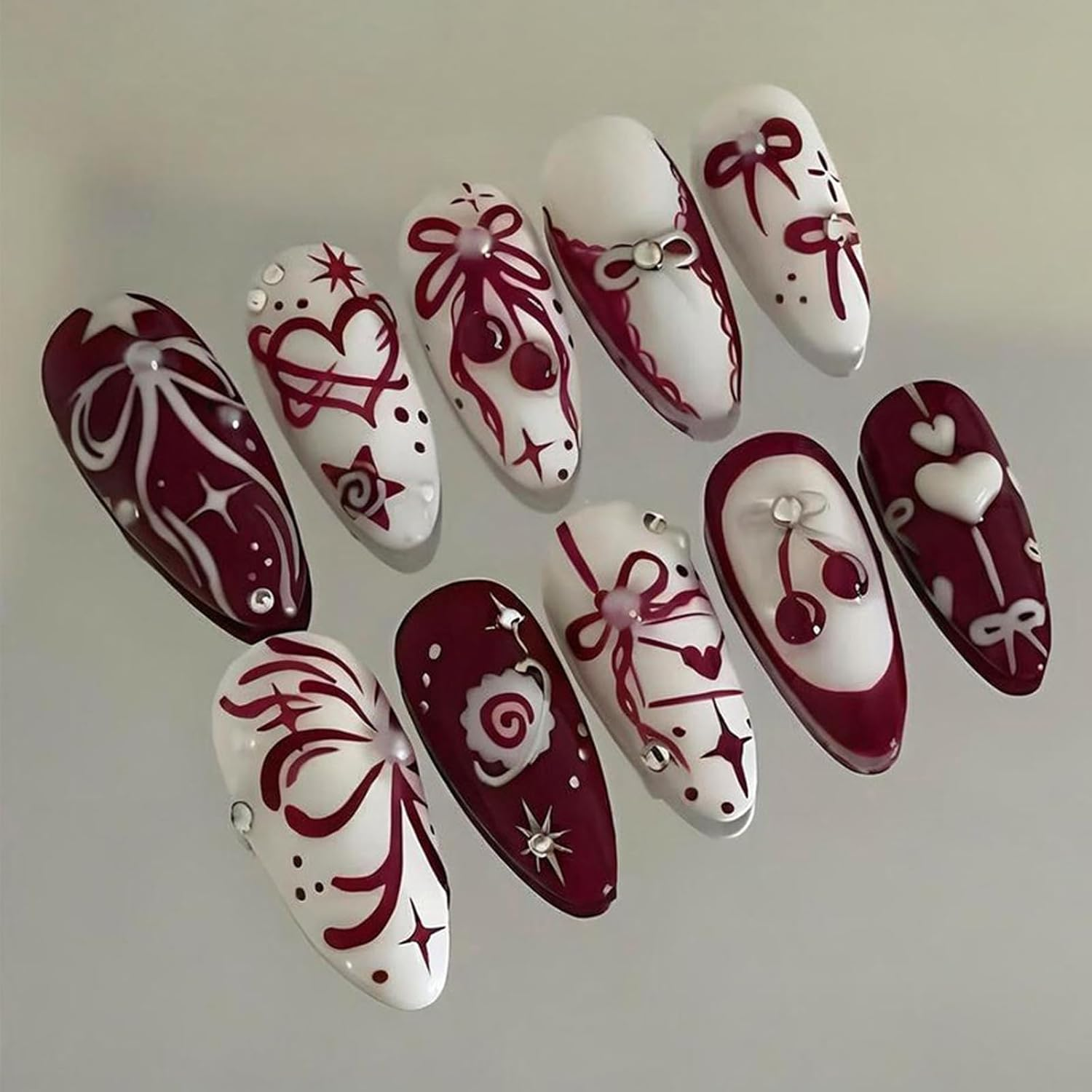 24 PCS Valentine'S Day Press on Nails Bow, Heart, Cherry, and Rhinestone Fake Nails Medium Gifts for Women and Girls (No.27) image number 3