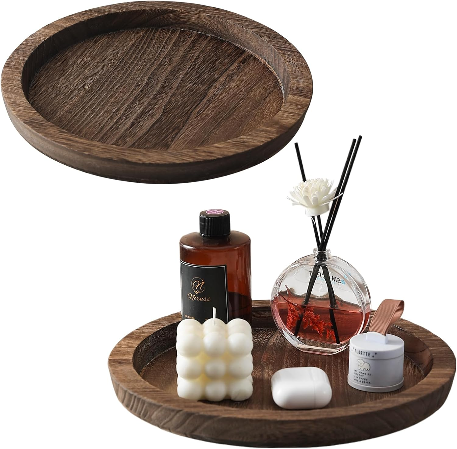 MOOKOMI Set of 2 Rustic round Wooden Tray - Bathroom Tray Countertop, Candle Tray, Table Centerpieces, and round Tray for Home D&eacute;cor (11.2") image number 3