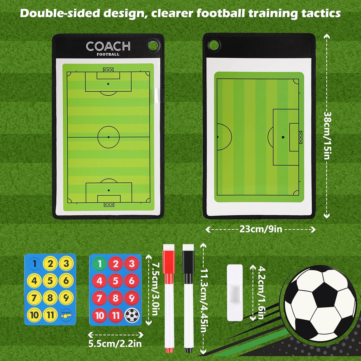 Soccer Coach Board Set，Geeric Football Coaches Tactical Board+Magnetic Number+Erasable Marker Pen Red & Black Hangable Waterproof Double-Sided Writing Coach Blackboard for Teaching,Game Plan