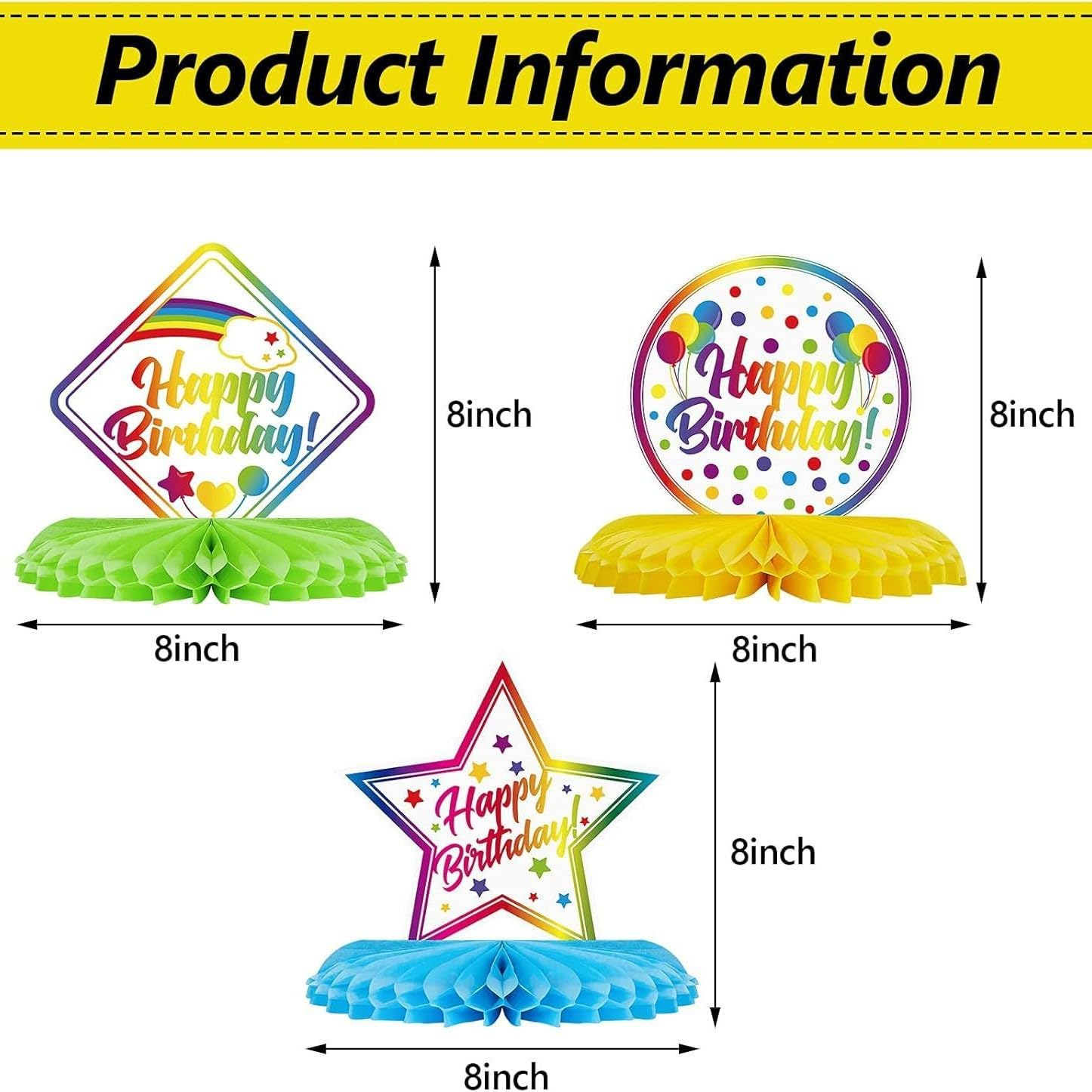 Happy Birthday Honeycomb Table Decorations, Rainbow Colours, Party Centrepieces, 6 Pieces image number 3