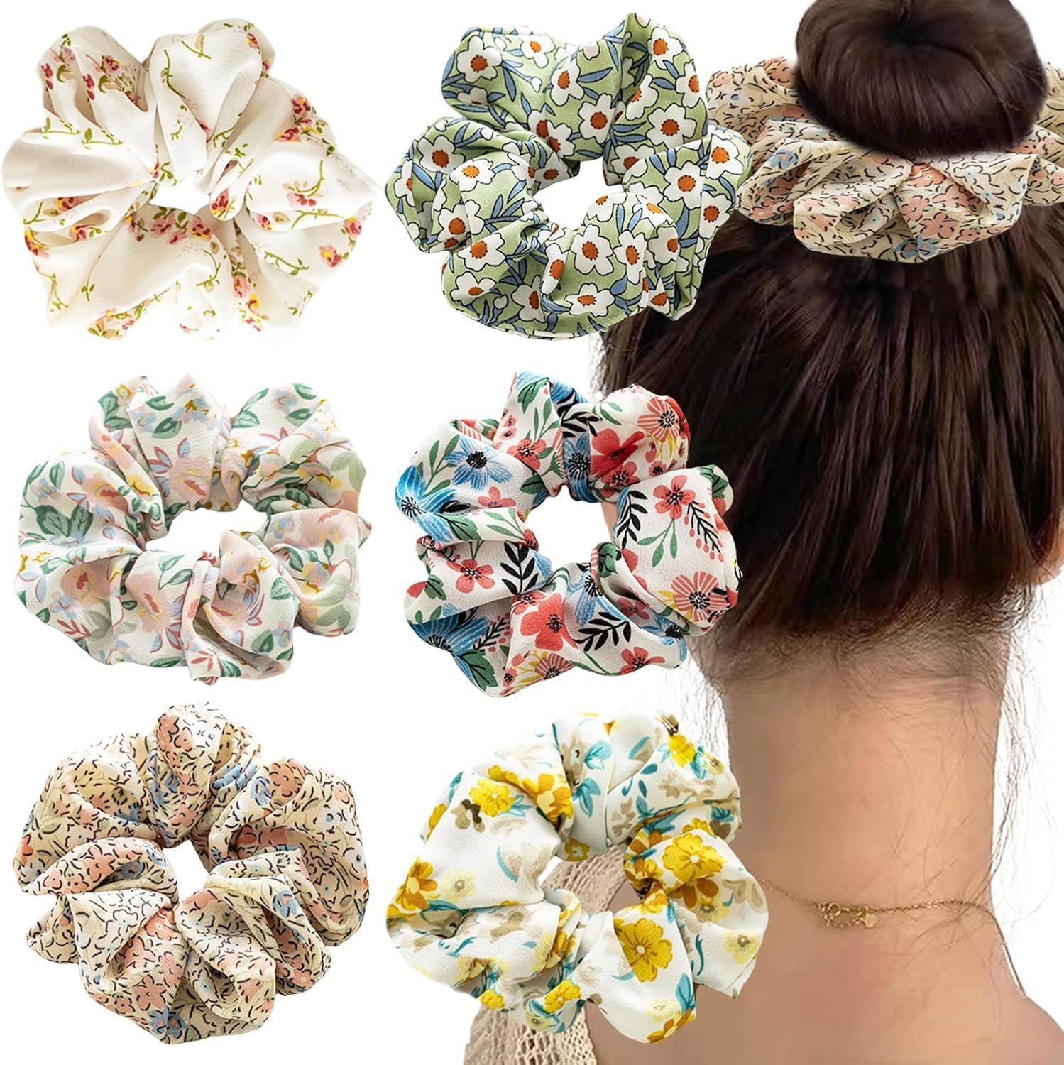 Flower Chiffon Hair Scrunchie,6Pcs Floral Plaid Solid Color Scrunchie,Spring Summer Floral Hair Scrunchies,Floral Chiffon Elastic Hair Tie Scrunchie,Floral Plaid Solid Hair Scrunchie for Girls Women image number 4
