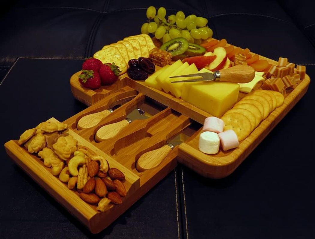 Cheese Board Set with 4Pcs Knives and Fork, Serving Tray with Hidden Slide-Out Drawer for Cutlery and Space for Crackers and Snacks, Bamboo Charcuterie Cutting Plate with Tools - House Warming Gift