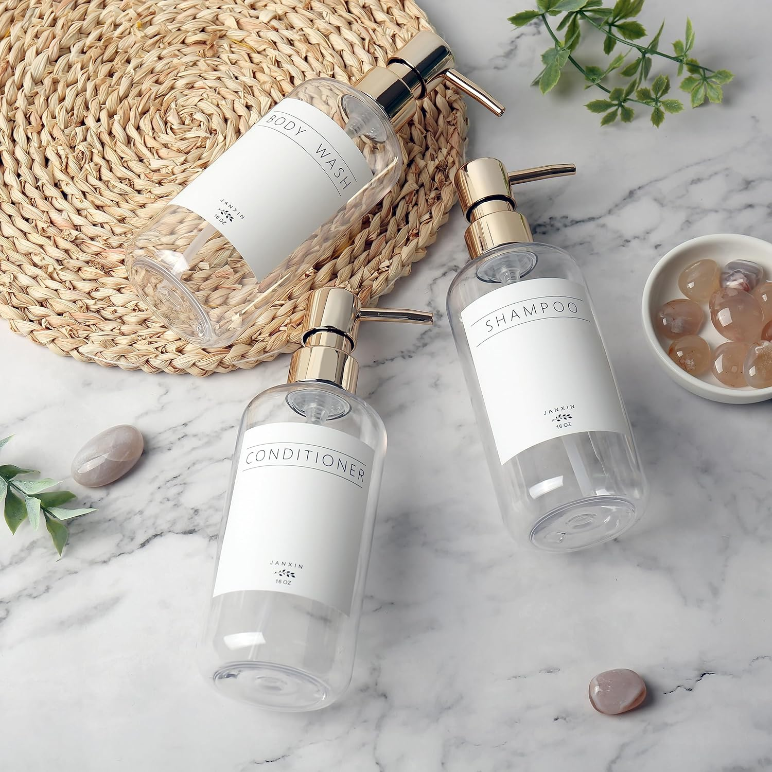 Janxin Shampoo and Conditioner Dispenser Set of 3,Modern Refillable 16Oz Shampoo and Conditioner Bottles with Pump,Stylish Shower Soap Dispenser with Waterproof Labels for Bathroom(Clear) image number 5