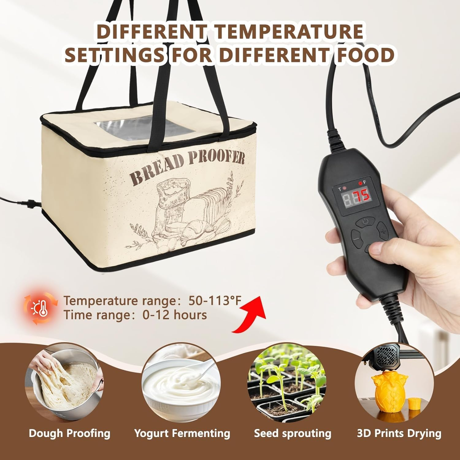 Dough Bread Proofing Box, Handbanary Dough Proofer with NTC Sensor Temperature & Timer Controller, Foldable Zippered Bread Proofer for Dough, Yogurt, Rice Wine Fermentation image number 4