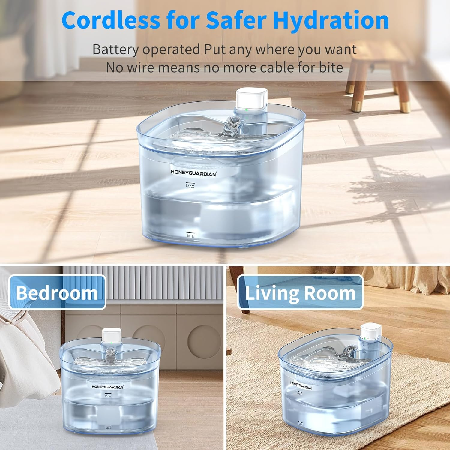 Honeyguaridan Battery Operated Cat Water Fountain, 2.5L Smart Pet Water Fountain for Cats and Dogs with Motion Sensor, Wireless Automatic Cat Water Dispenser with Ultra Quiet Pump,2 Filters image number 4