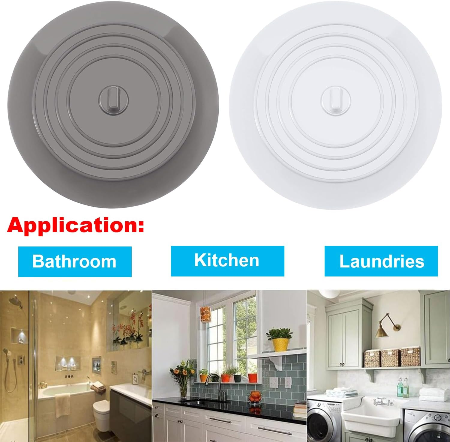 Paifeancodill Silicone Tub Stopper, 2 Pcs Sink Plug, 6" Drain Plug Hair Stopper Flat Suction Cover, Bathtub Drain Stopper, Sealing Sink Cover, Bath Plug for Kitchen Bathroom (White+Gray) image number 6