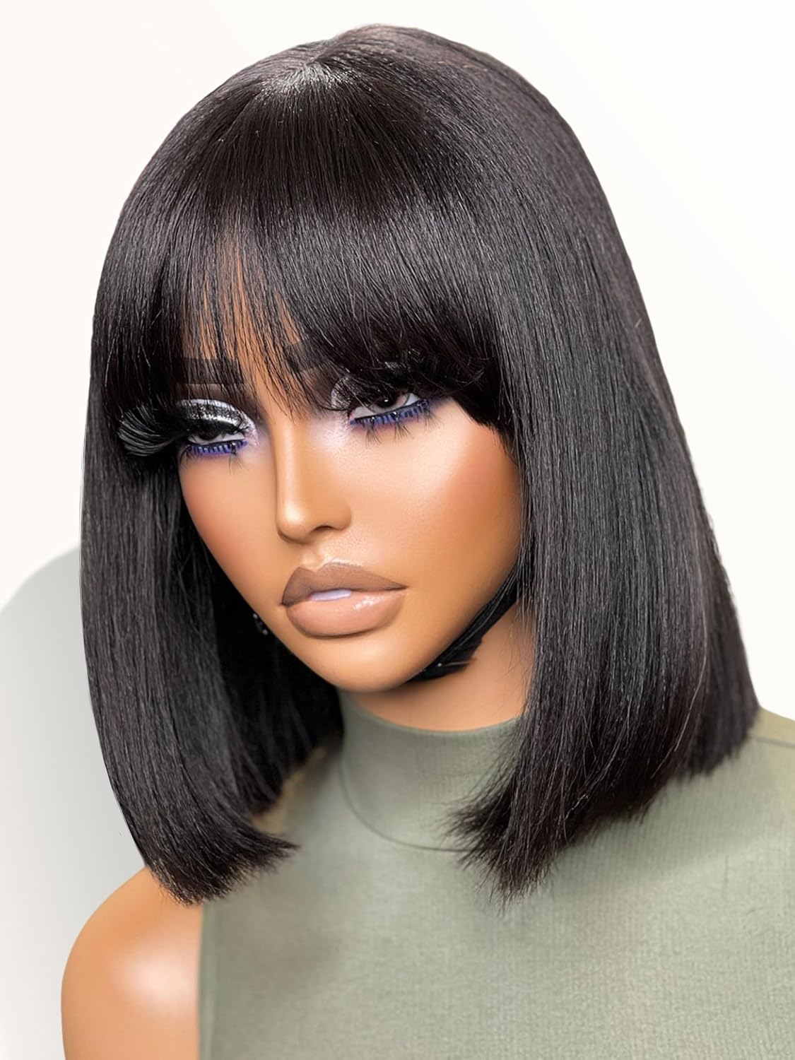 LUVME HAIR 10 Inch Light Yaki Straight Bob Wig with Bangs Human Hair Realistic HD Lace Short Black Bob Wigs, Ready to Go Blunt Cut Bob Wig Glueless 180 Density image number 5