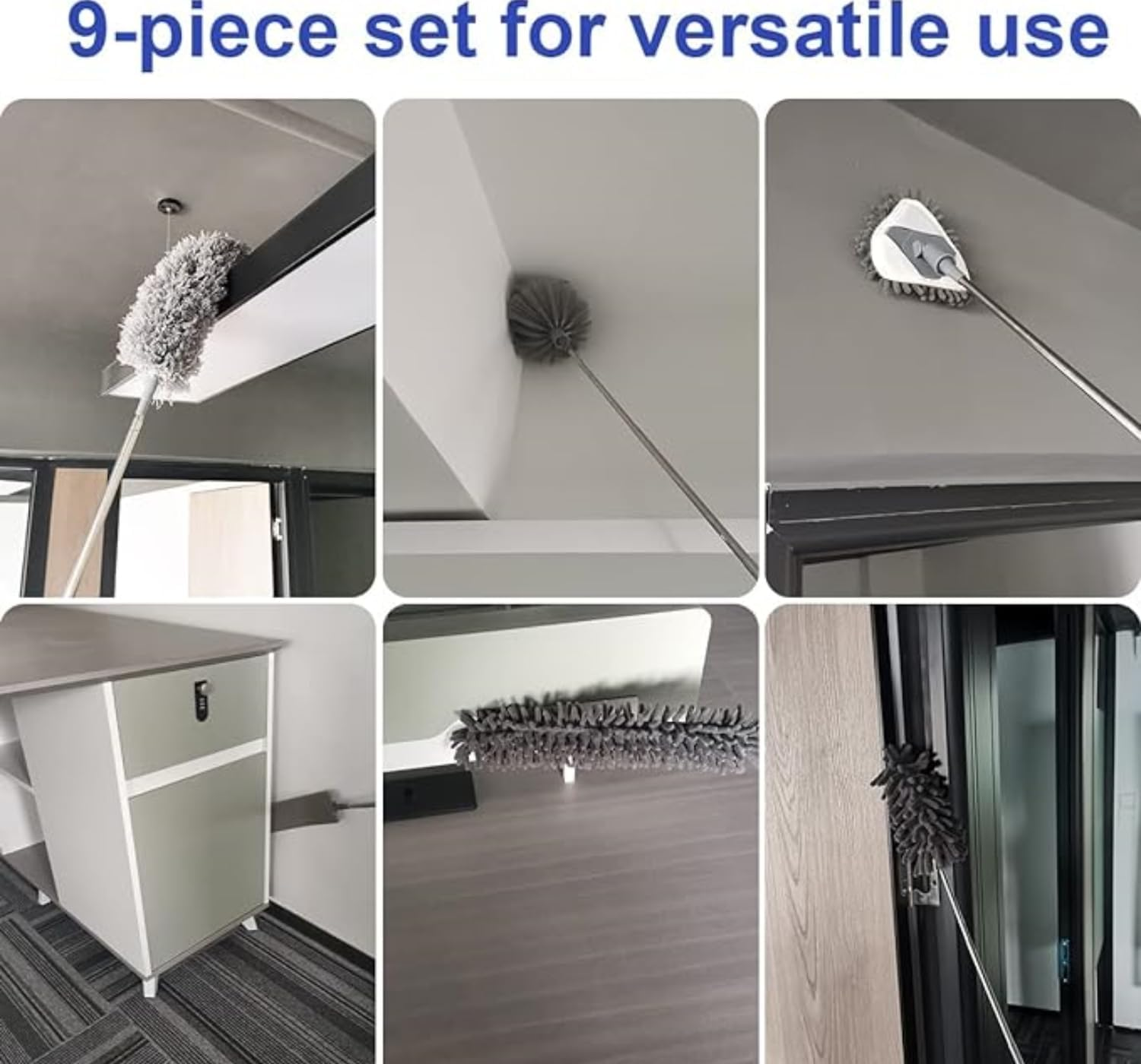 YVXUN Microfiber Duster,9 PCS Reusable Bendable Washable Ceiling Duster with 100" Extra Long Extension Pole for Cleaning Ceiling Fan,Cobweb,High Ceiling,Baseboards,Vents,Mirrors,Blinds,Furniture,Cars image number 1