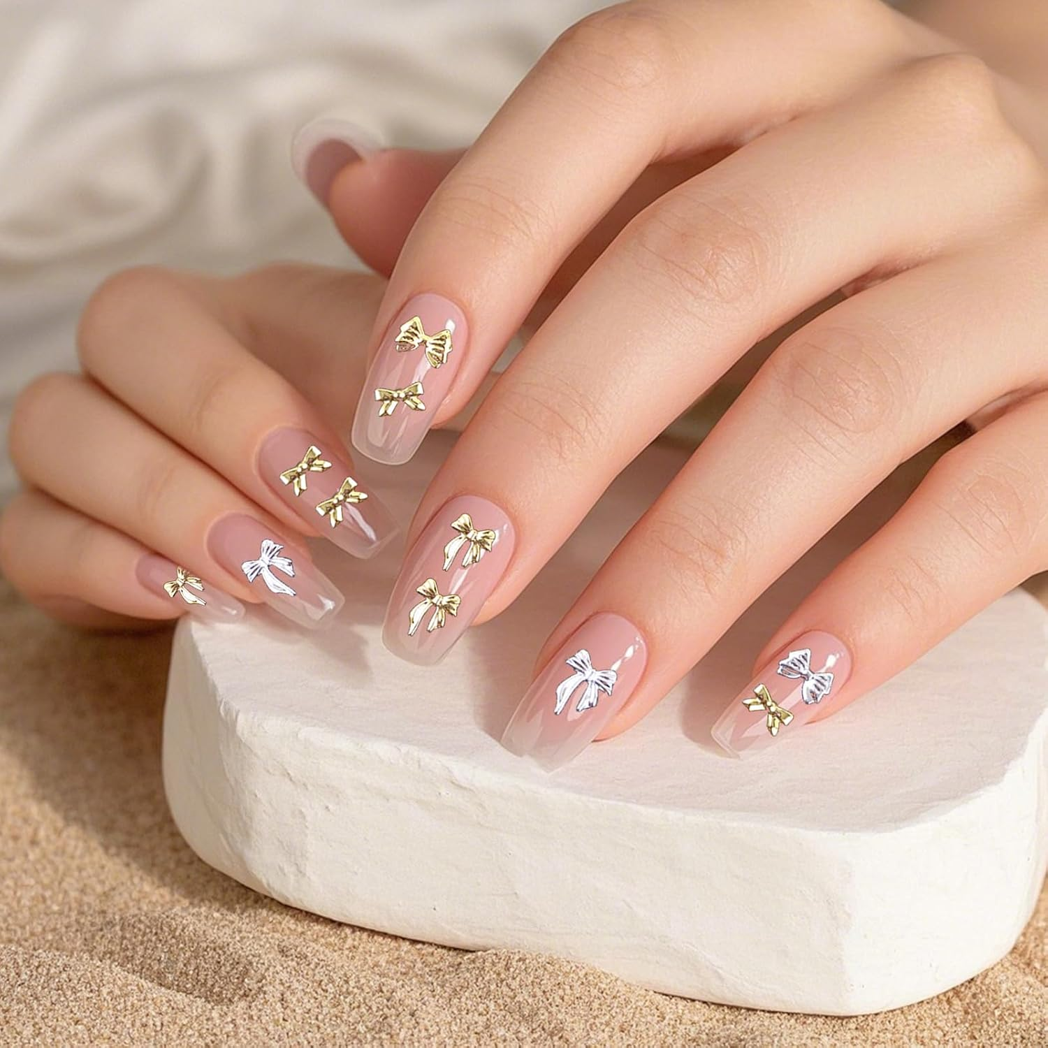 2 Pieces Metal Bow Nail Charms Gold Silver Star Bows Nail Charms Rhinestones Metal Nail Art Decoration Tweezers with Curved Tip for Nail Design Accessories image number 3