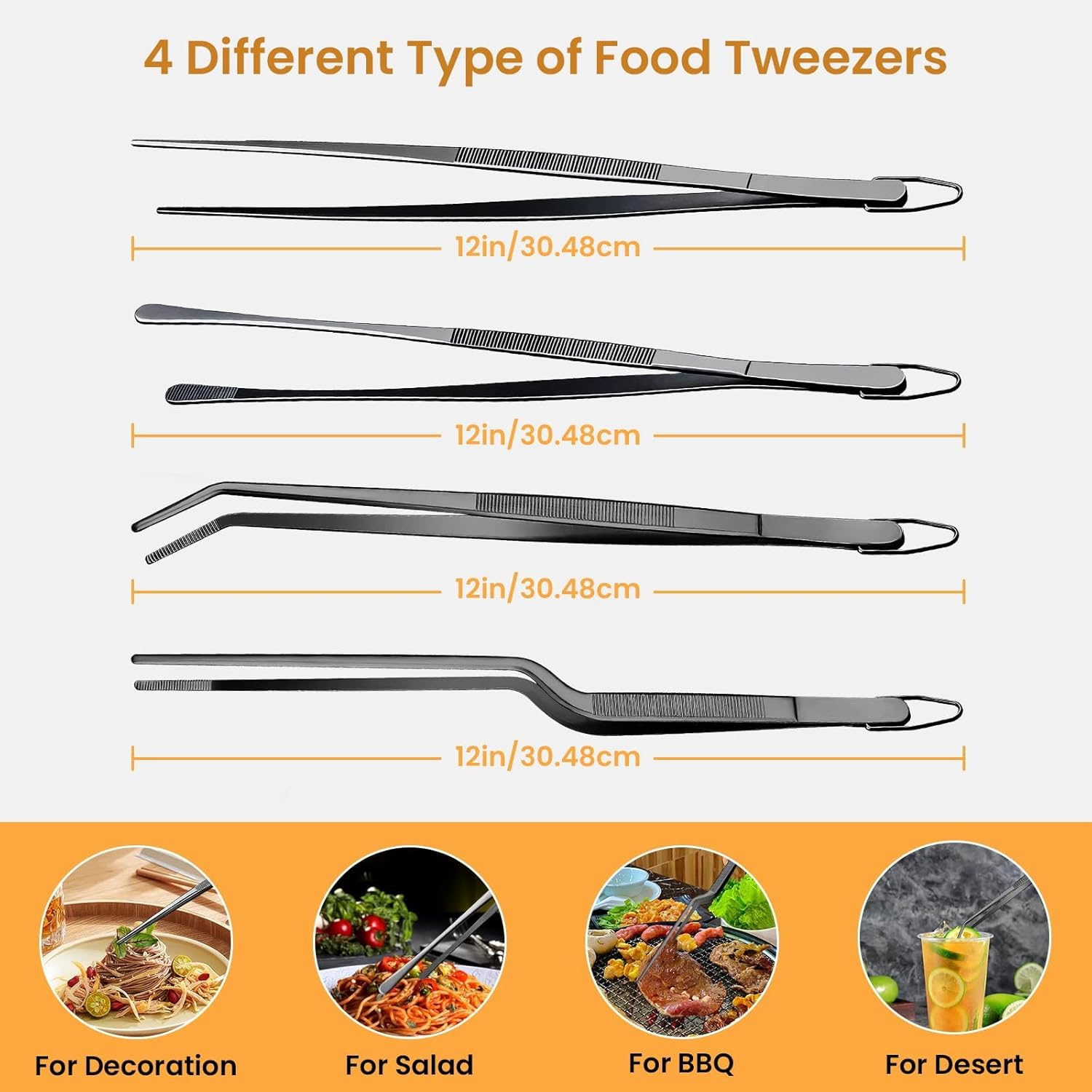 GEEKHOM Cooking Tweezers, [4 Pack] 12 Inch Fine Long Food Tongs Stainless Steel Kitchen Tongs Professional Cooking Tongs for Barbecue, Baking, Roasting, Dessert Decoration, Steak, Salad, Black image number 4